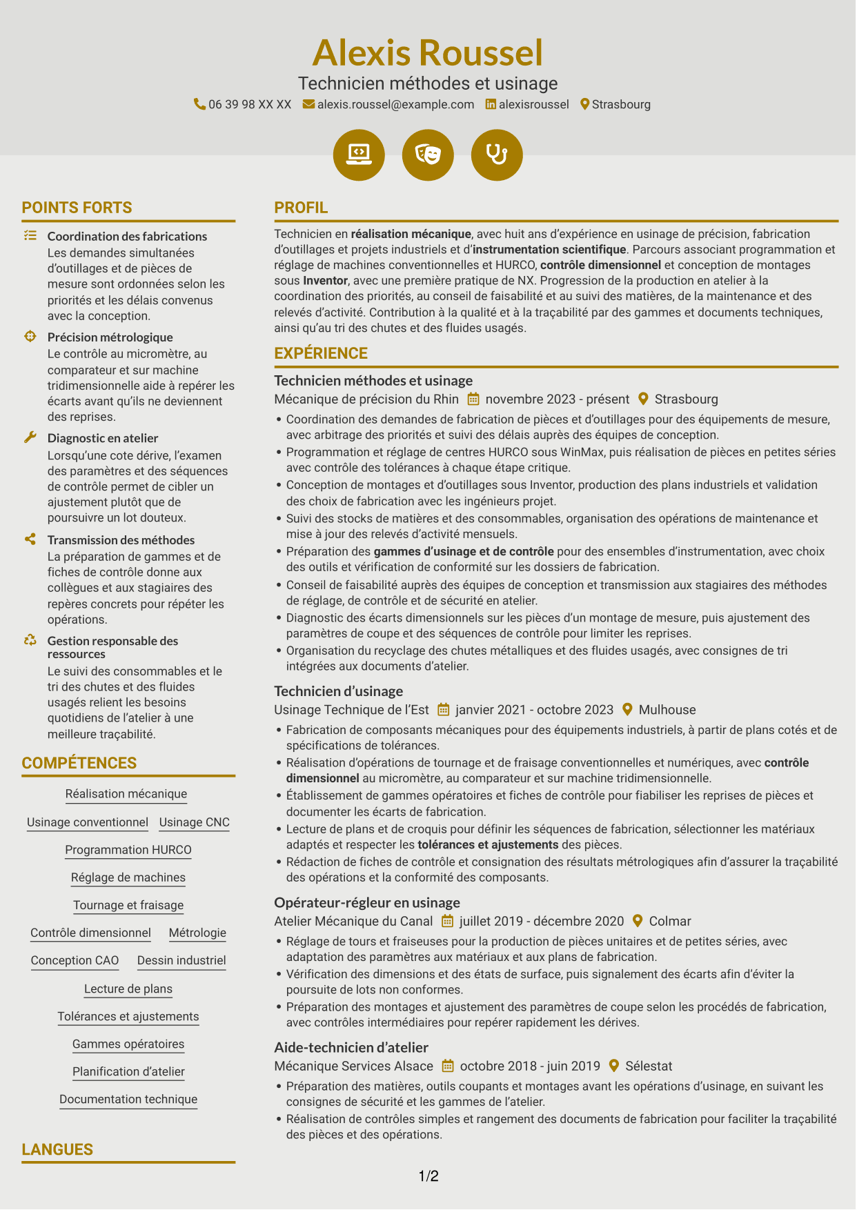 CV Dynamique (format à deux colonnes avec icônes) : Assistant ingénieur en réalisation mécanique - Usinage et instrumentation scientifique, page 1