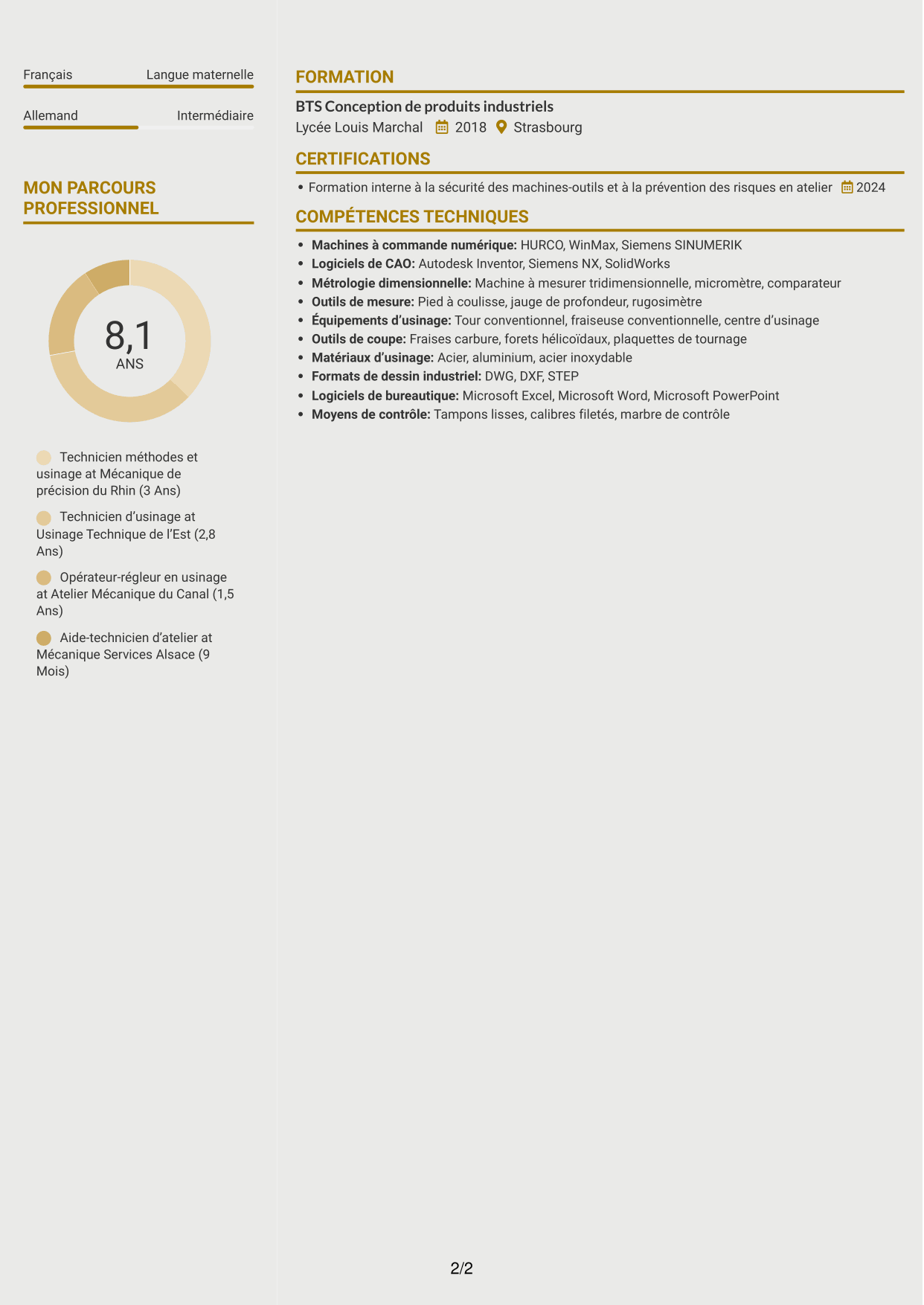 CV Dynamique (format à deux colonnes avec icônes) : Assistant ingénieur en réalisation mécanique - Usinage et instrumentation scientifique, page 2