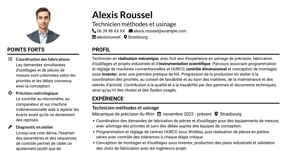 7 modèles de CV pour Assistant ingénieur en réalisation mécanique - Usinage et instrumentation scientifique, avec exemples