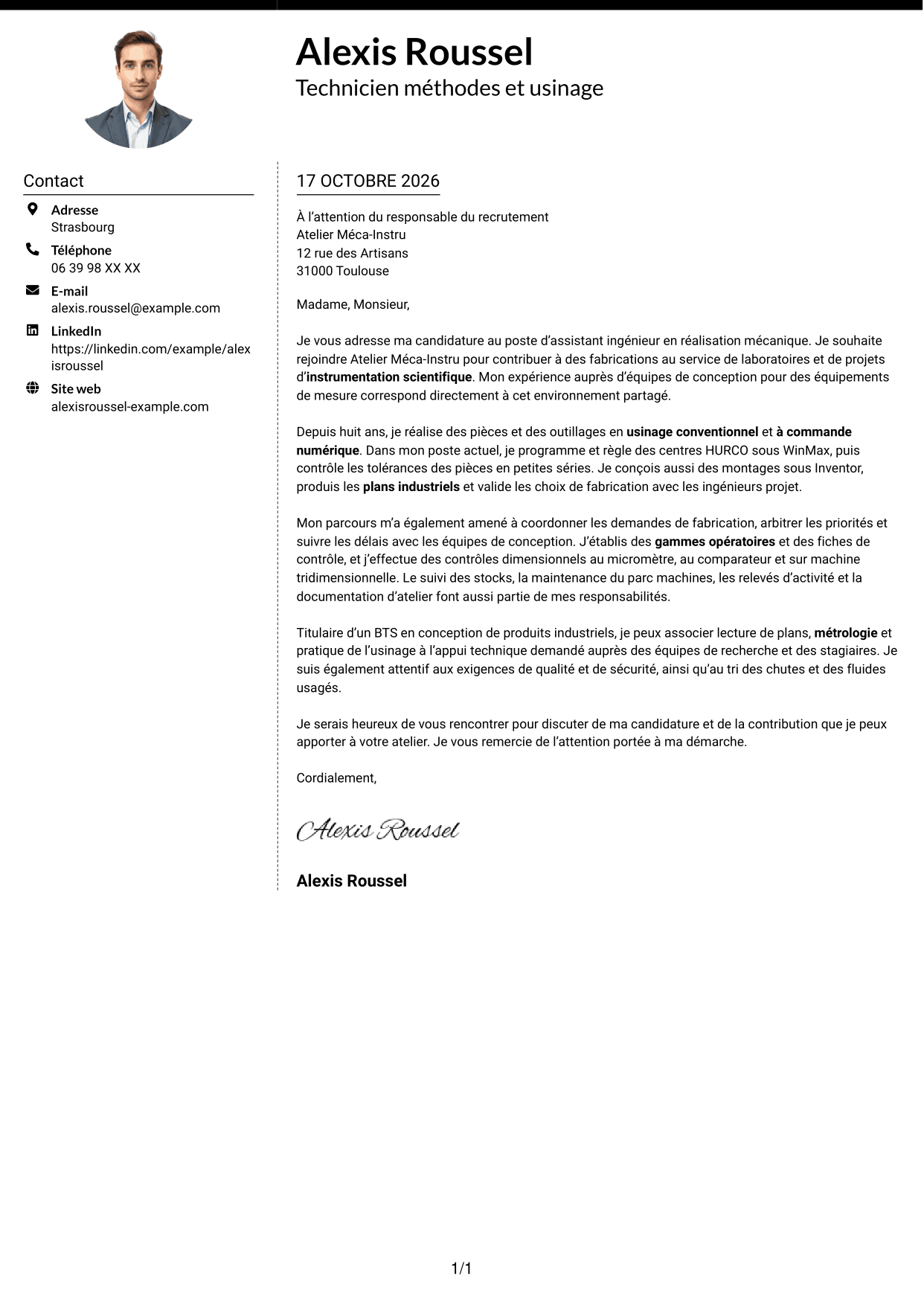 Lettre de motivation Moderne (format à deux colonnes avec photo à gauche et séparateur) : Assistant ingénieur en réalisation mécanique - Usinage et instrumentation scientifique, page 1