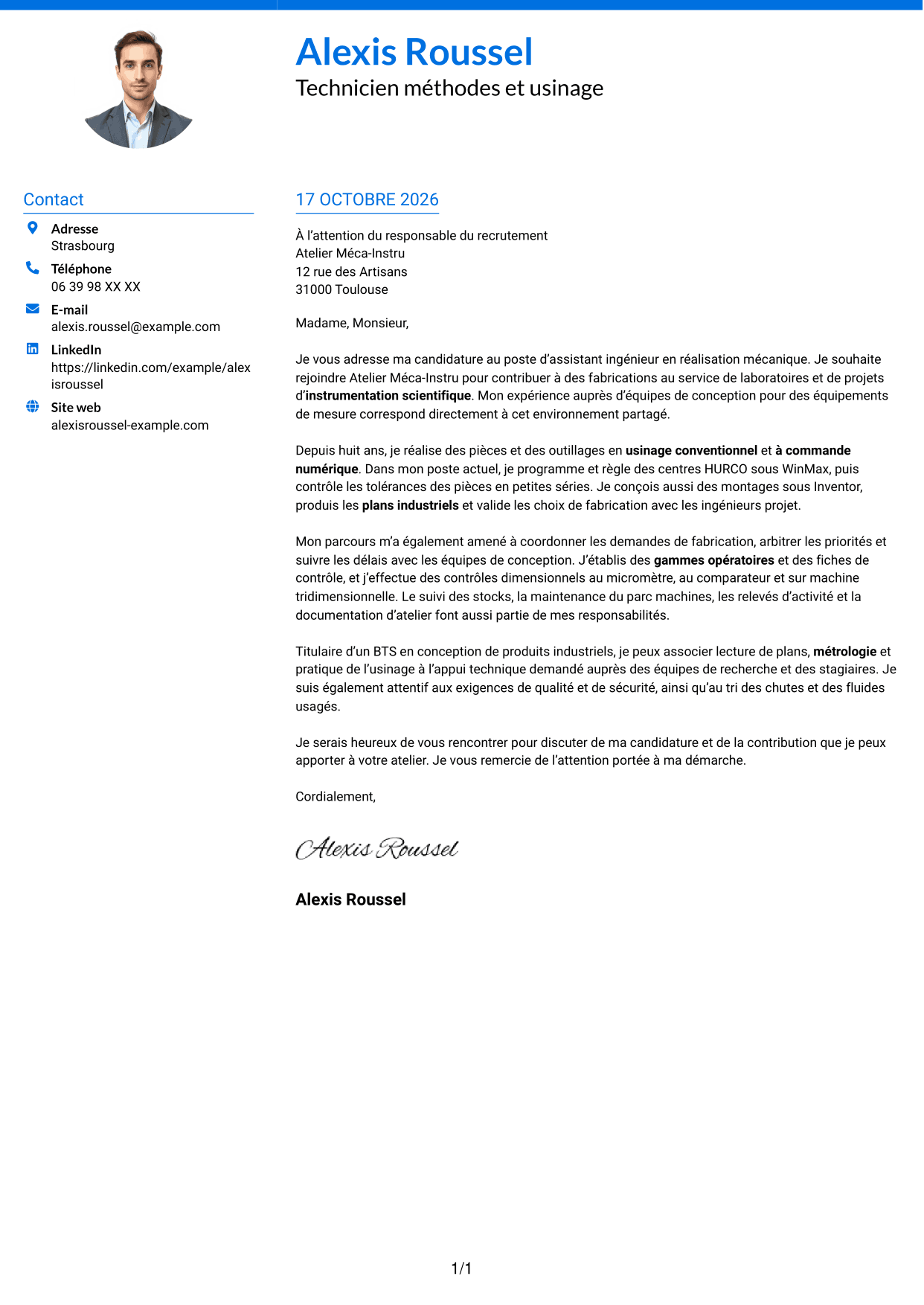 Lettre de motivation Audacieux (format à deux colonnes avec accents colorés et photo) : Assistant ingénieur en réalisation mécanique - Usinage et instrumentation scientifique, page 1