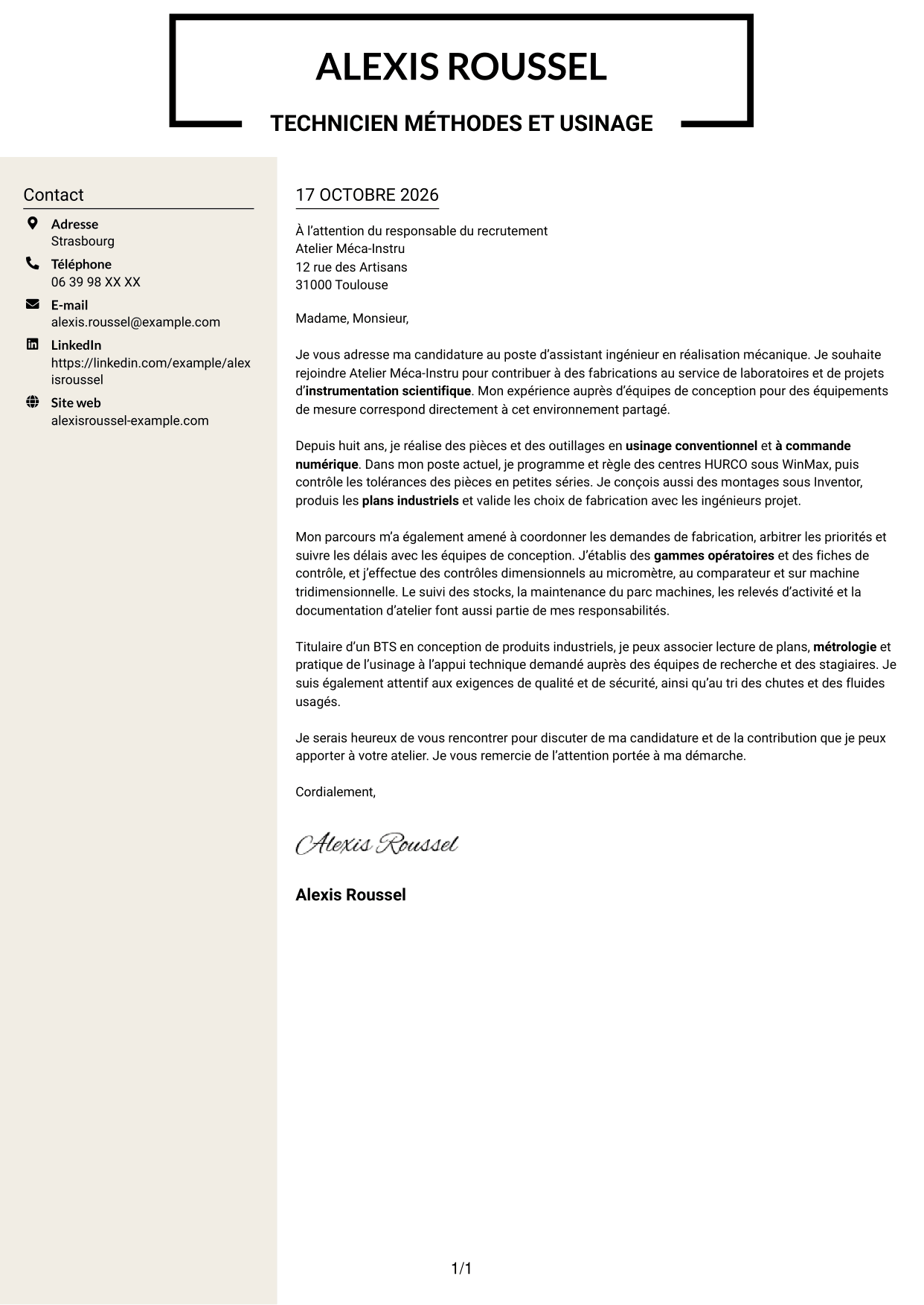 Lettre de motivation Fonceur (format à deux colonnes avec en-tête centré sans photo) : Assistant ingénieur en réalisation mécanique - Usinage et instrumentation scientifique, page 1
