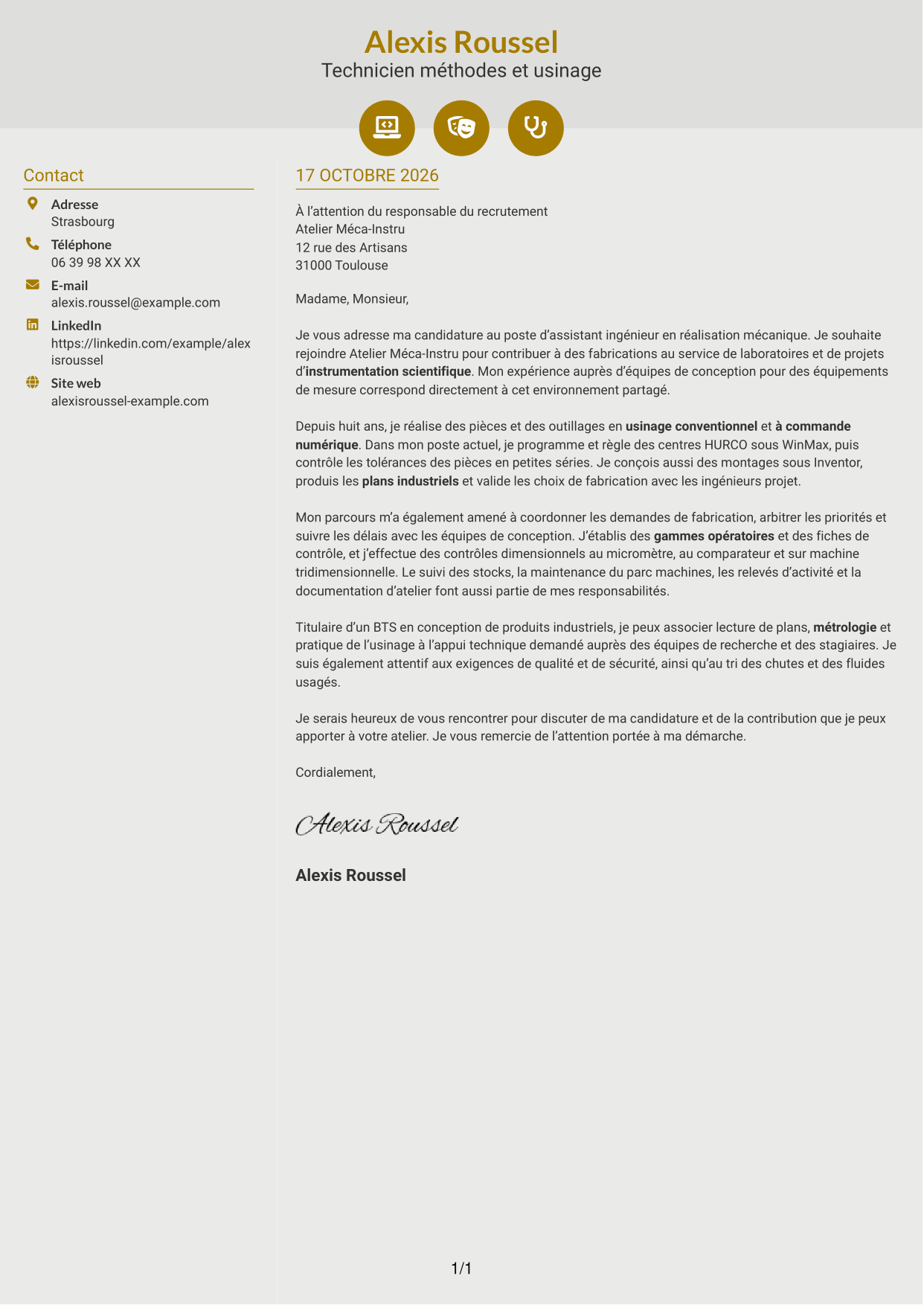 Lettre de motivation Dynamique (format à deux colonnes avec icônes) : Assistant ingénieur en réalisation mécanique - Usinage et instrumentation scientifique, page 1