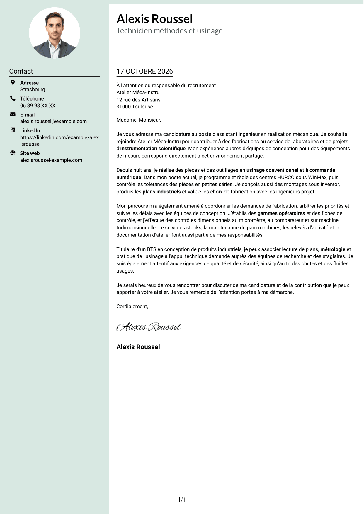 Lettre de motivation Cadre (format à colonne latérale douce avec photo arrondie) : Assistant ingénieur en réalisation mécanique - Usinage et instrumentation scientifique, page 1