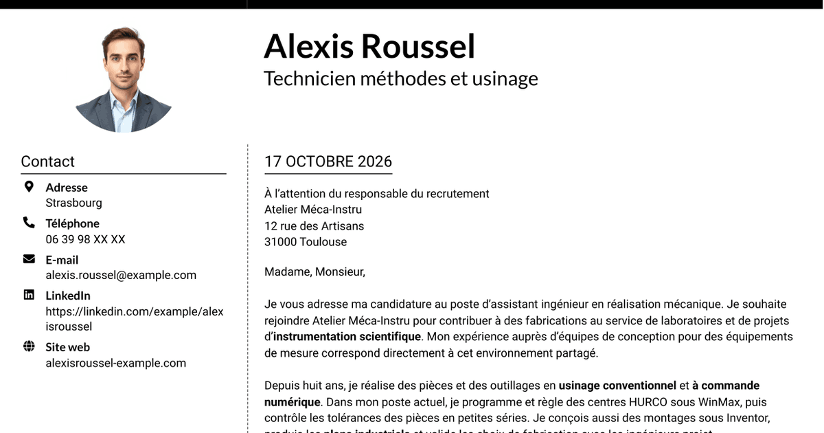 7 modèles de lettre de motivation pour Assistant ingénieur en réalisation mécanique - Usinage et instrumentation scientifique, avec exemples