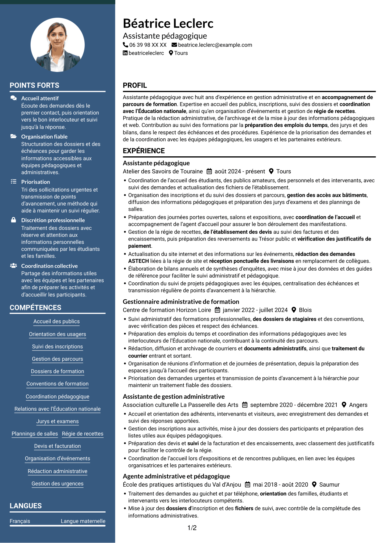 CV Élégant (format à colonne latérale colorée avec photo) : Assistant pédagogique - Gestion administrative et suivi des parcours, page 1