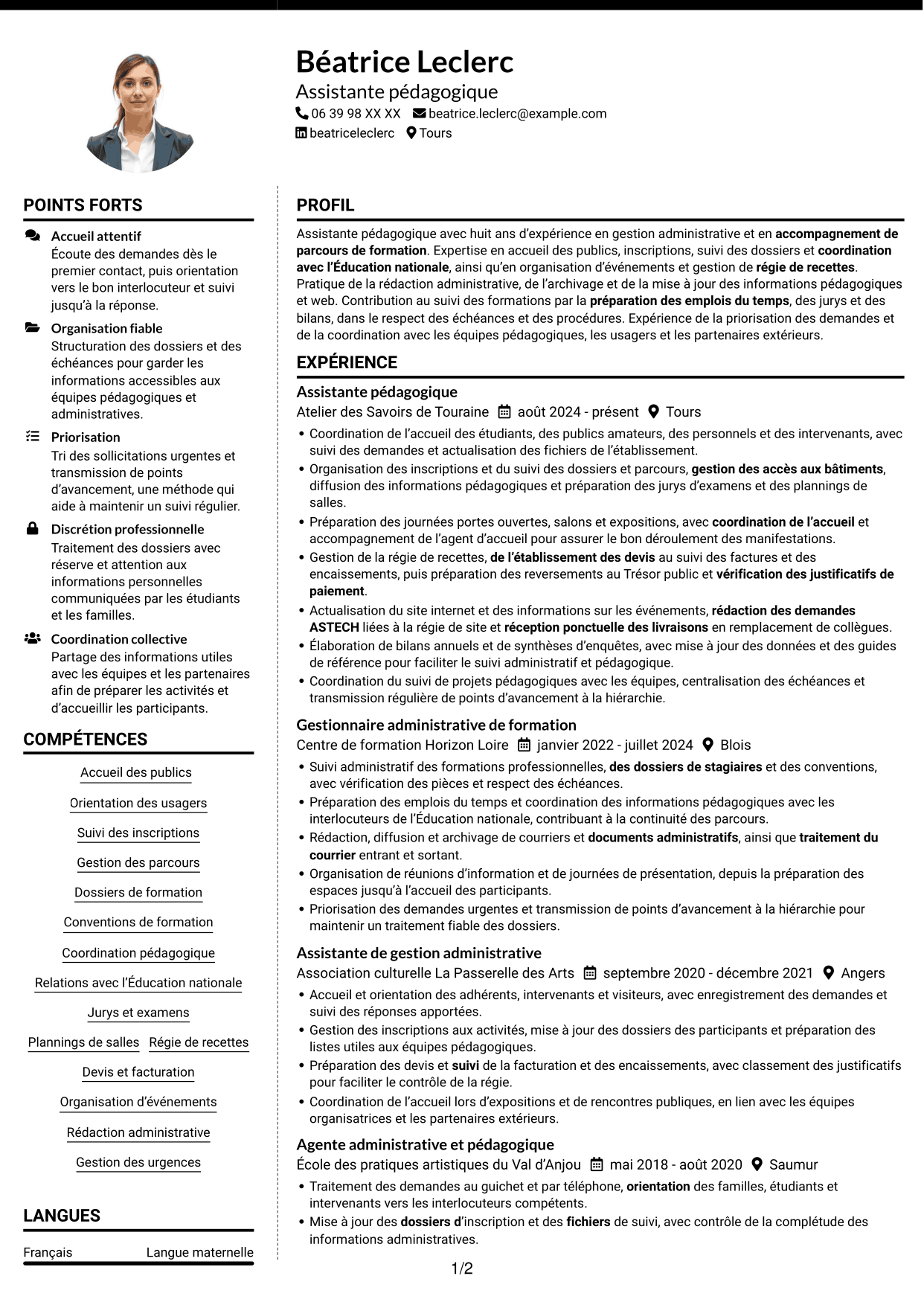 CV Moderne (format à deux colonnes avec photo à gauche et séparateur) : Assistant pédagogique - Gestion administrative et suivi des parcours, page 1