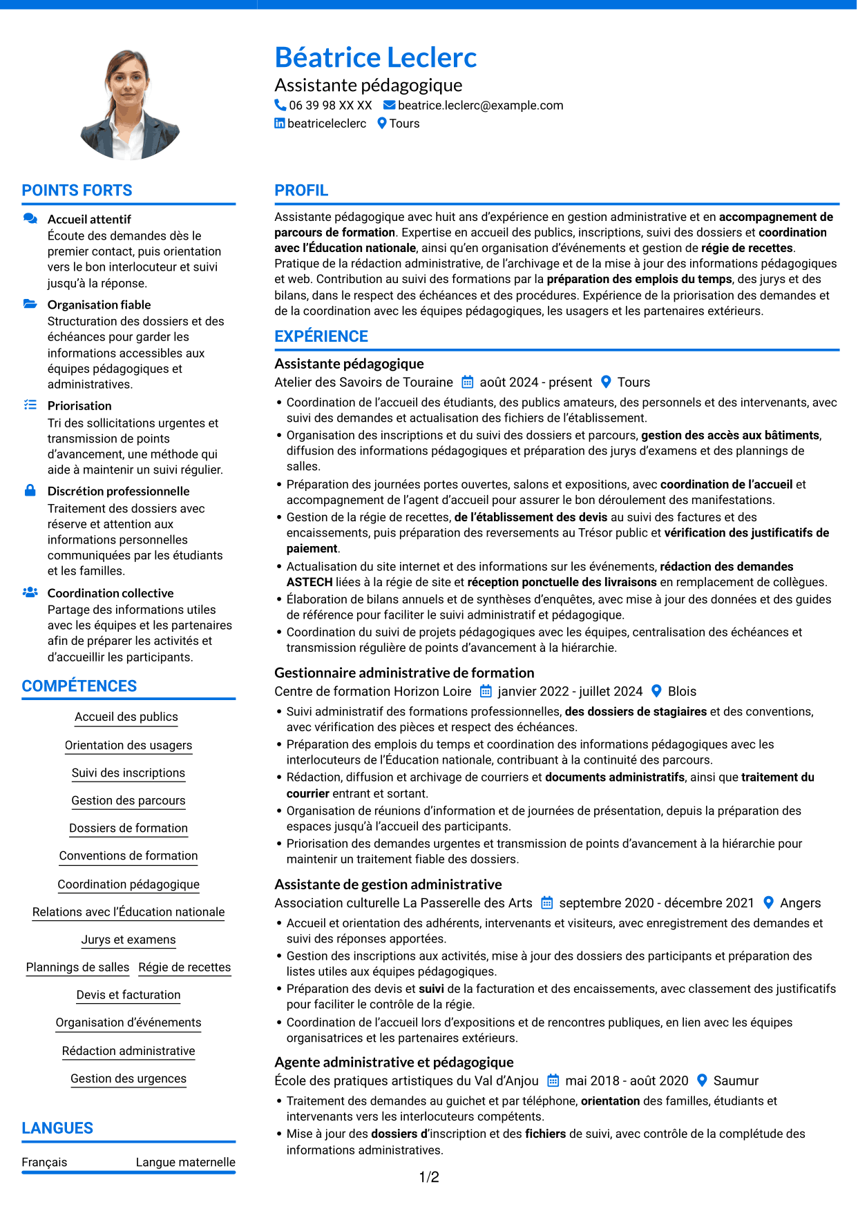 CV Audacieux (format à deux colonnes avec accents colorés et photo) : Assistant pédagogique - Gestion administrative et suivi des parcours, page 1