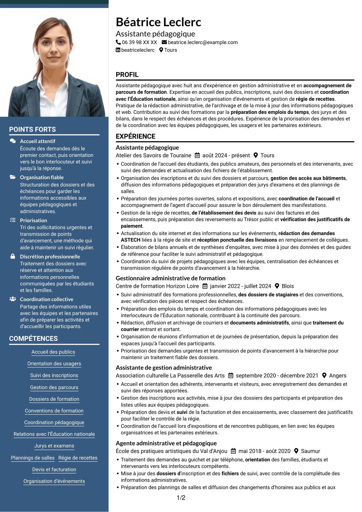 CV Signature (format à colonne latérale colorée avec grande photo) : Assistant pédagogique - Gestion administrative et suivi des parcours, page 1