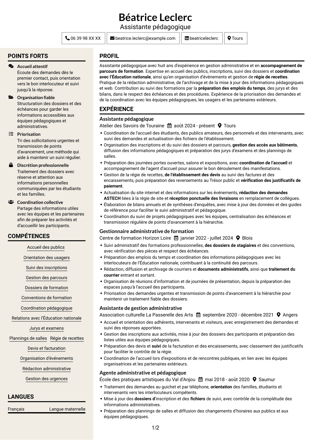 CV Fonceur (format à deux colonnes avec en-tête centré sans photo) : Assistant pédagogique - Gestion administrative et suivi des parcours, page 1