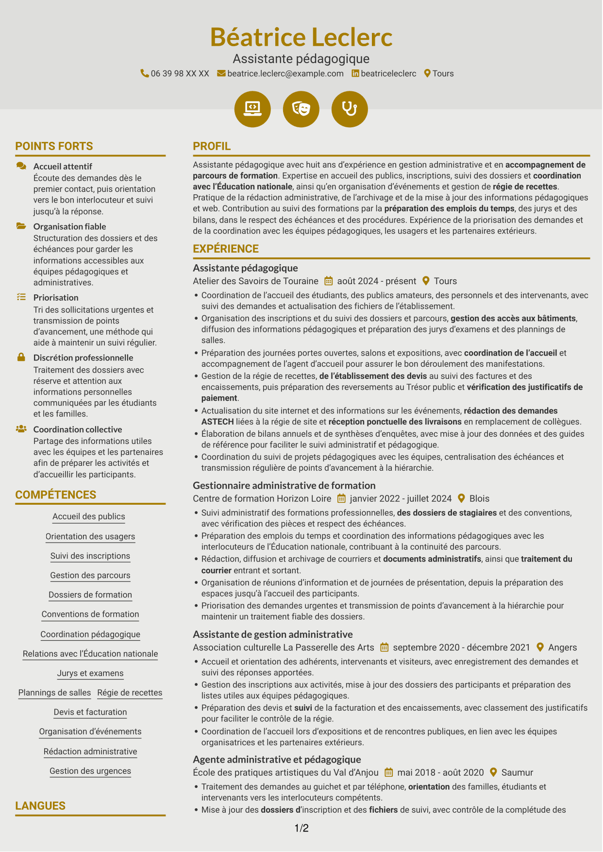 CV Dynamique (format à deux colonnes avec icônes) : Assistant pédagogique - Gestion administrative et suivi des parcours, page 1