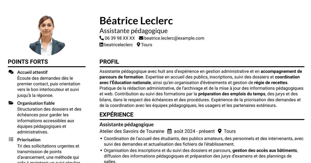 7 modèles de CV pour Assistant pédagogique - Gestion administrative et suivi des parcours, avec exemples