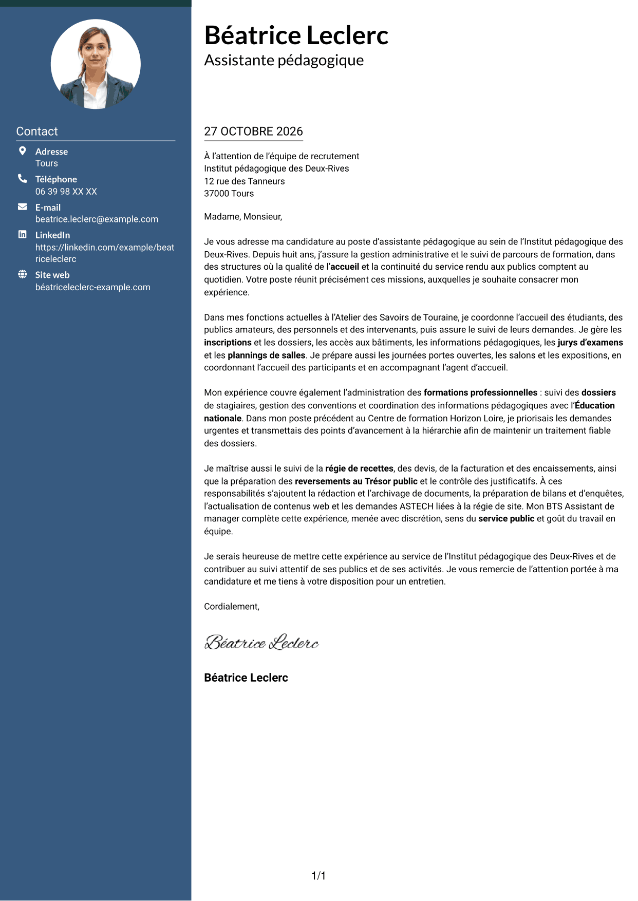 Lettre de motivation Élégant (format à colonne latérale colorée avec photo) : Assistant pédagogique - Gestion administrative et suivi des parcours, page 1
