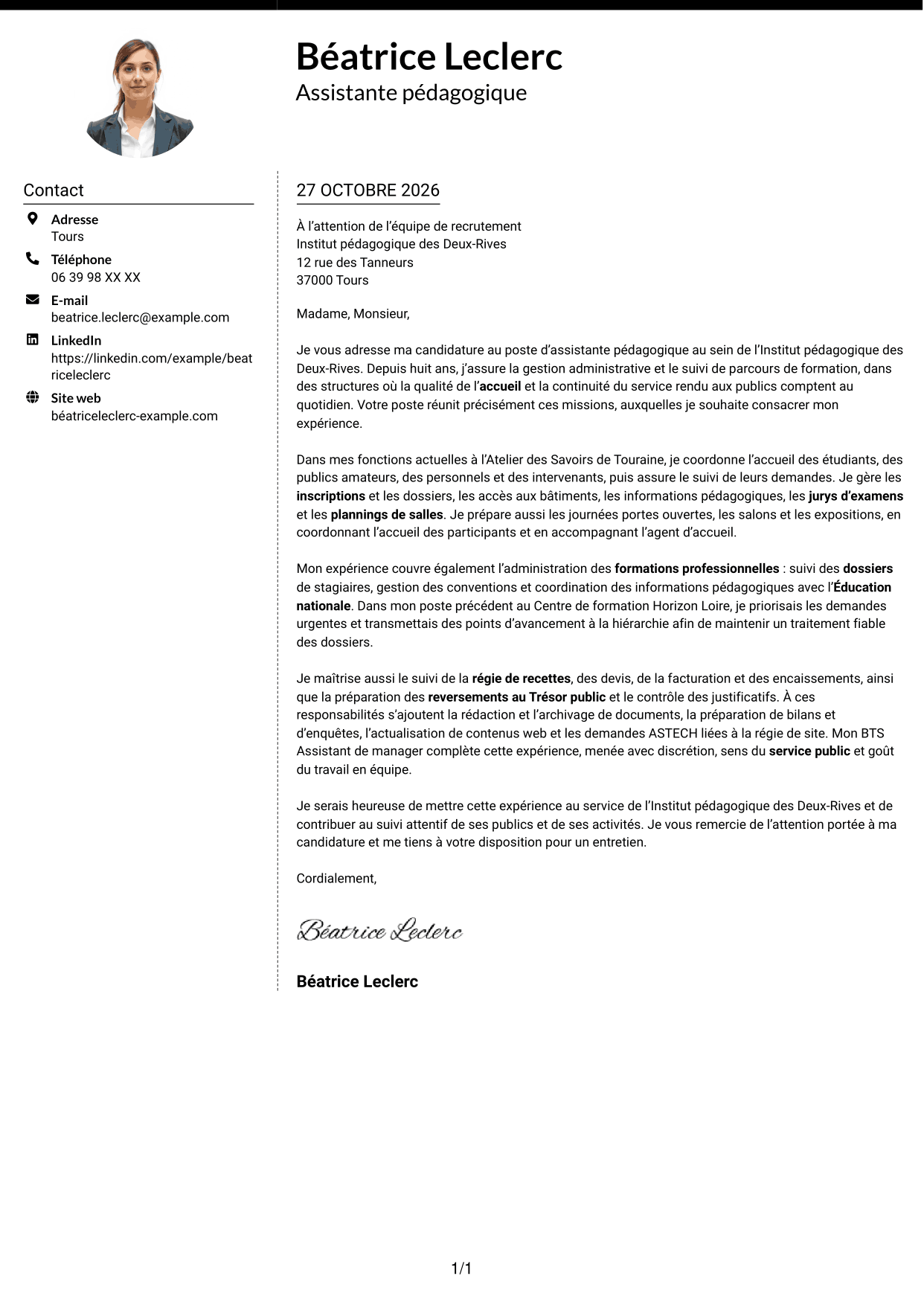 Lettre de motivation Moderne (format à deux colonnes avec photo à gauche et séparateur) : Assistant pédagogique - Gestion administrative et suivi des parcours, page 1