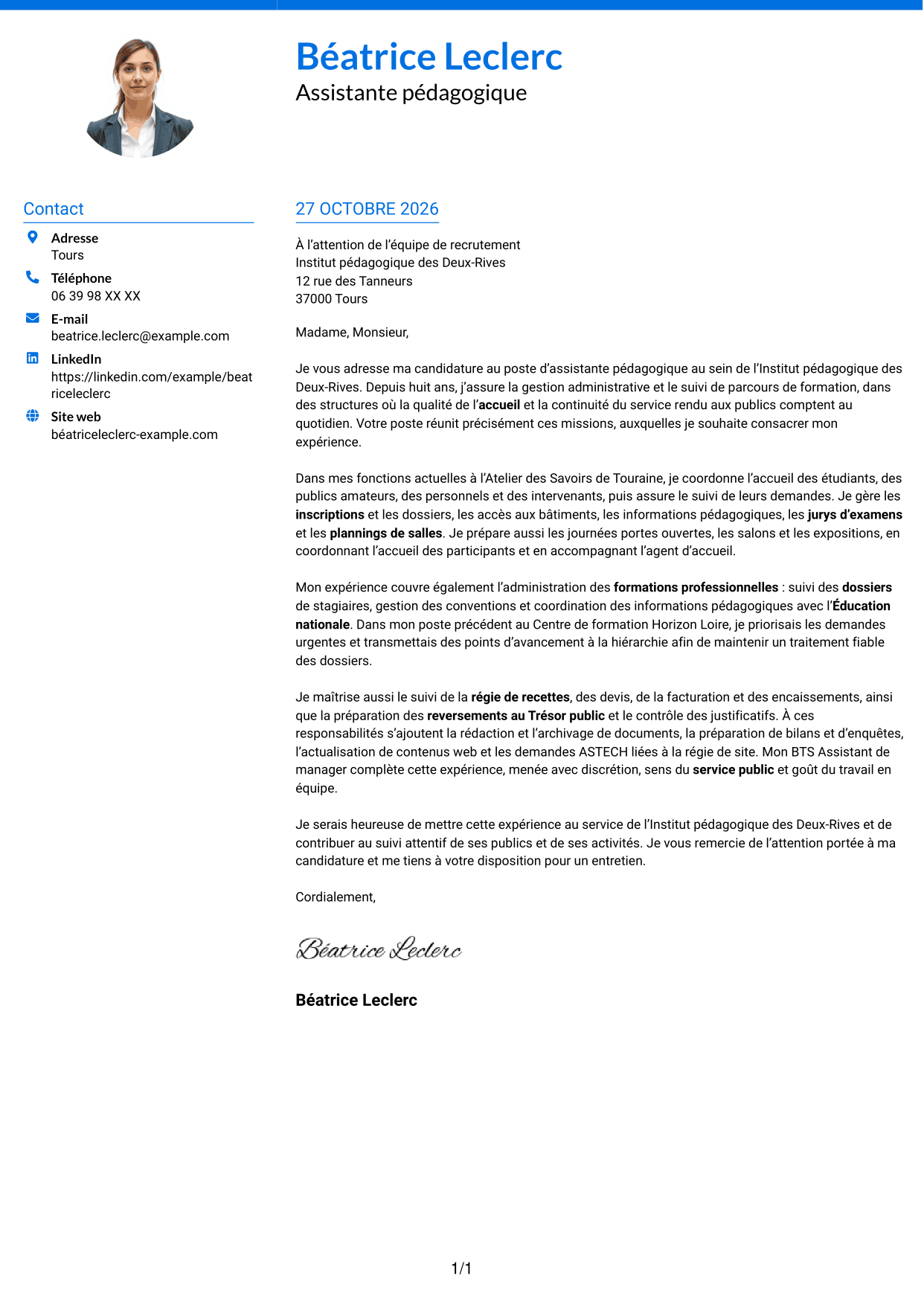 Lettre de motivation Audacieux (format à deux colonnes avec accents colorés et photo) : Assistant pédagogique - Gestion administrative et suivi des parcours, page 1