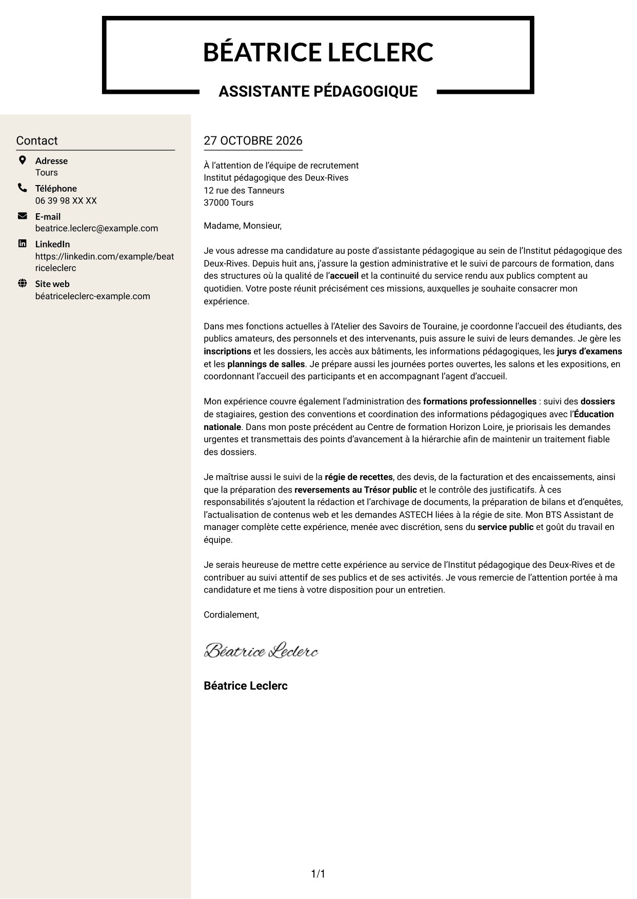 Lettre de motivation Fonceur (format à deux colonnes avec en-tête centré sans photo) : Assistant pédagogique - Gestion administrative et suivi des parcours, page 1