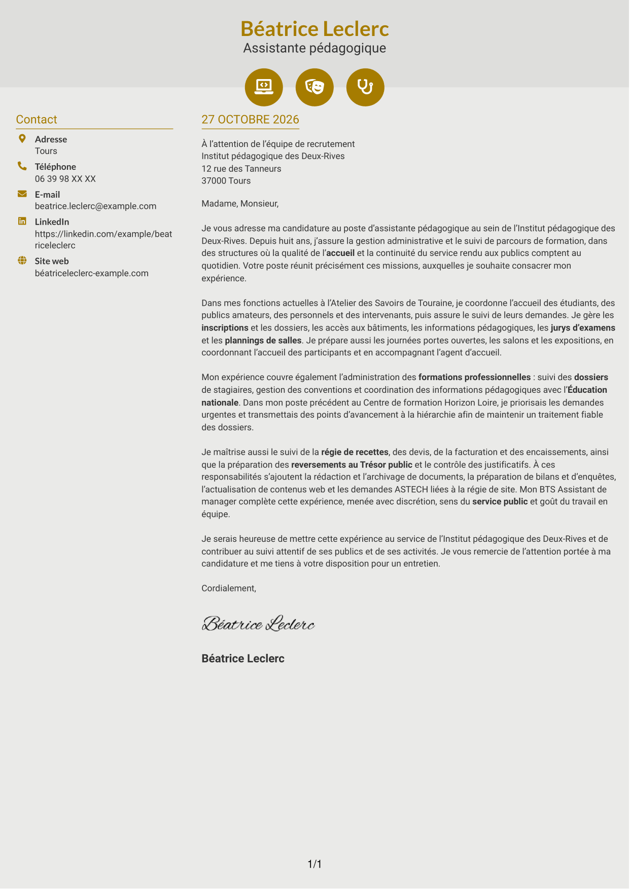 Lettre de motivation Dynamique (format à deux colonnes avec icônes) : Assistant pédagogique - Gestion administrative et suivi des parcours, page 1