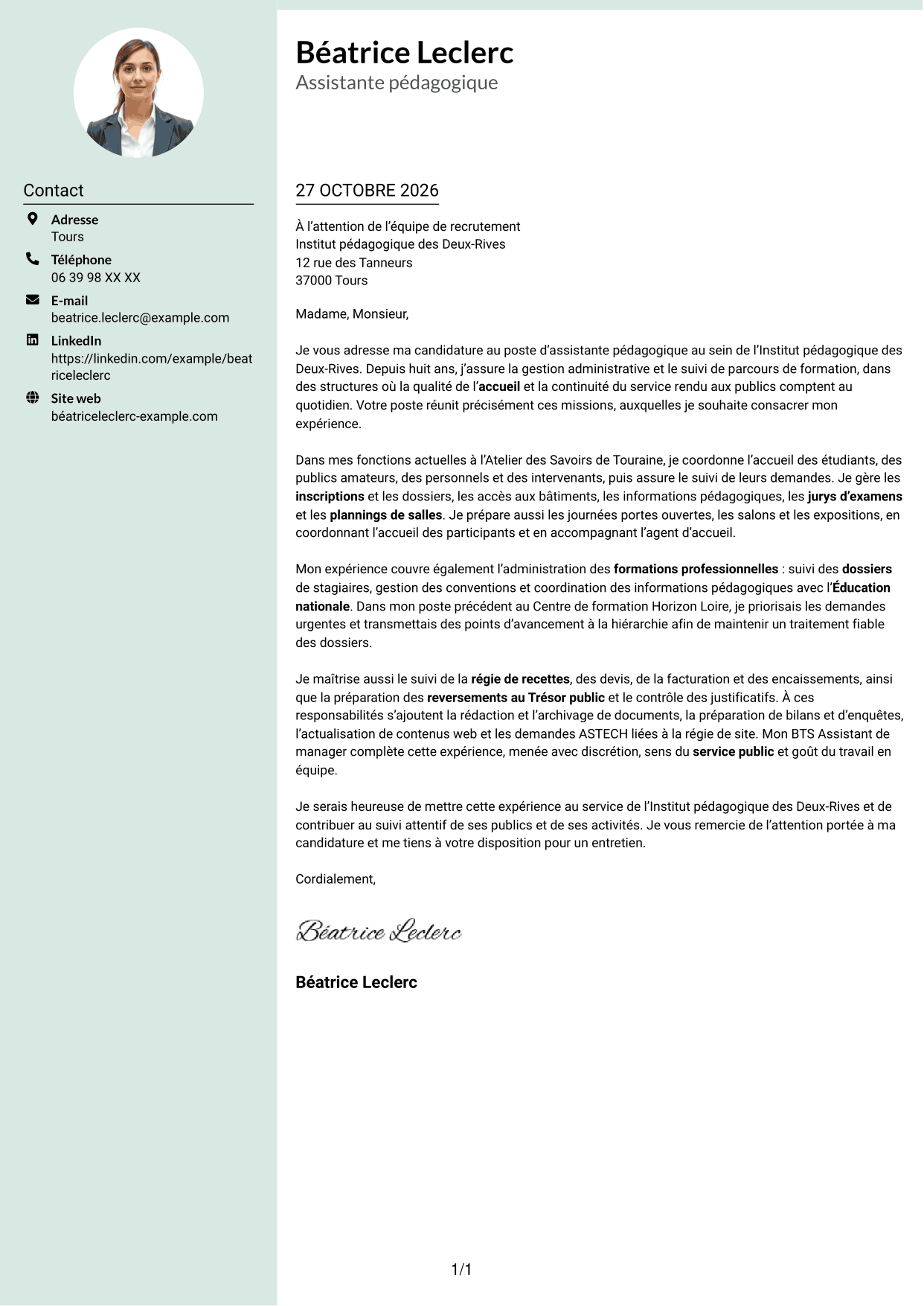Lettre de motivation Cadre (format à colonne latérale douce avec photo arrondie) : Assistant pédagogique - Gestion administrative et suivi des parcours, page 1
