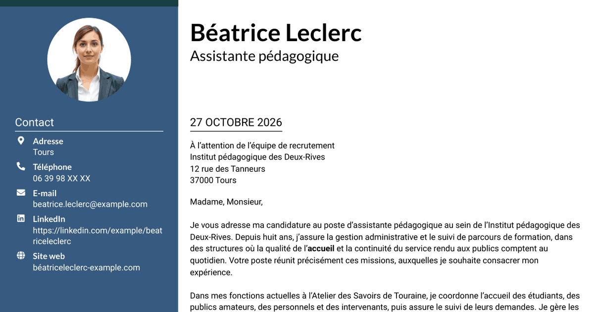 7 modèles de lettre de motivation pour Assistant pédagogique - Gestion administrative et suivi des parcours, avec exemples