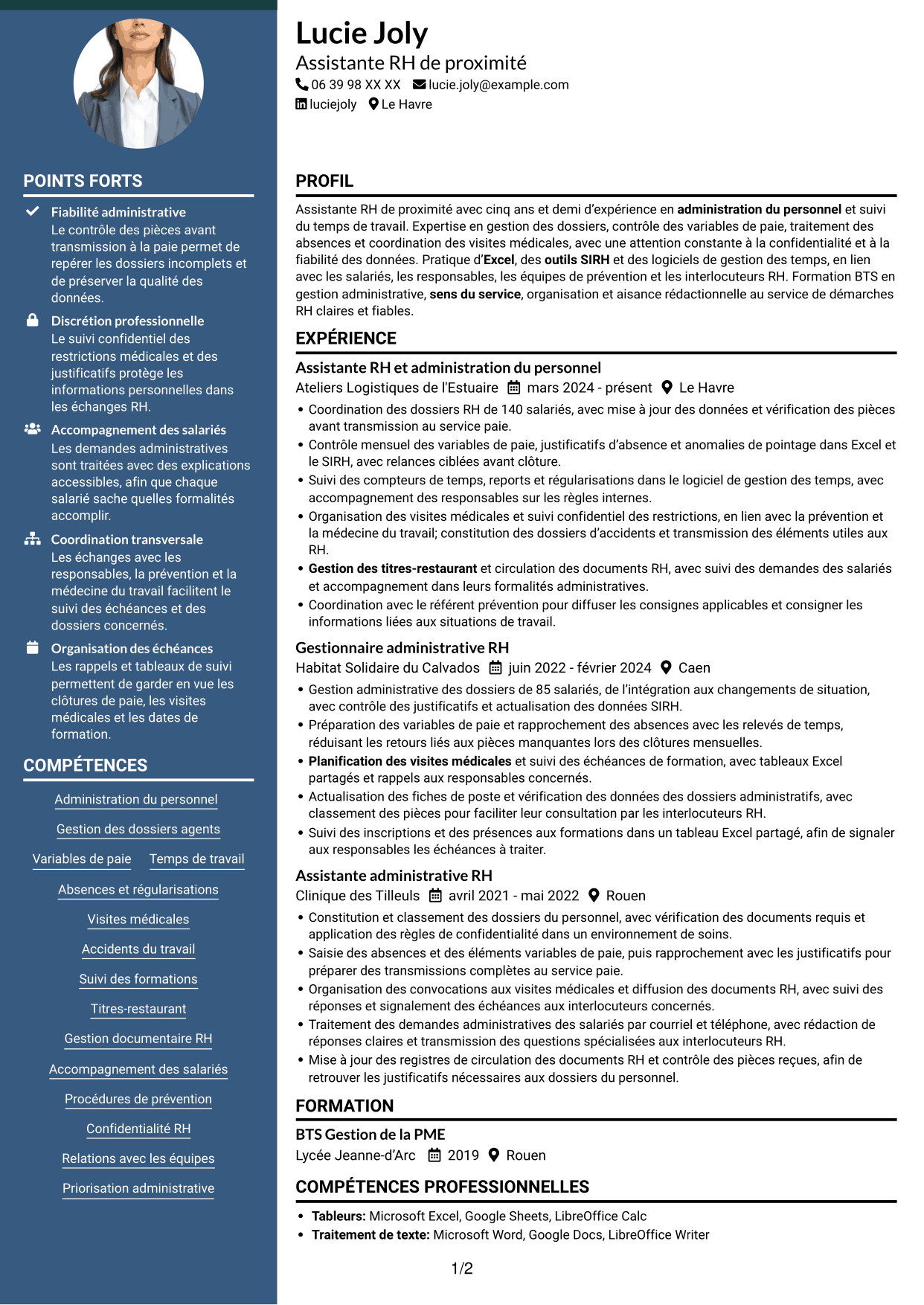 CV Élégant (format à colonne latérale colorée avec photo) : Assistant RH de proximité - Temps de travail, page 1