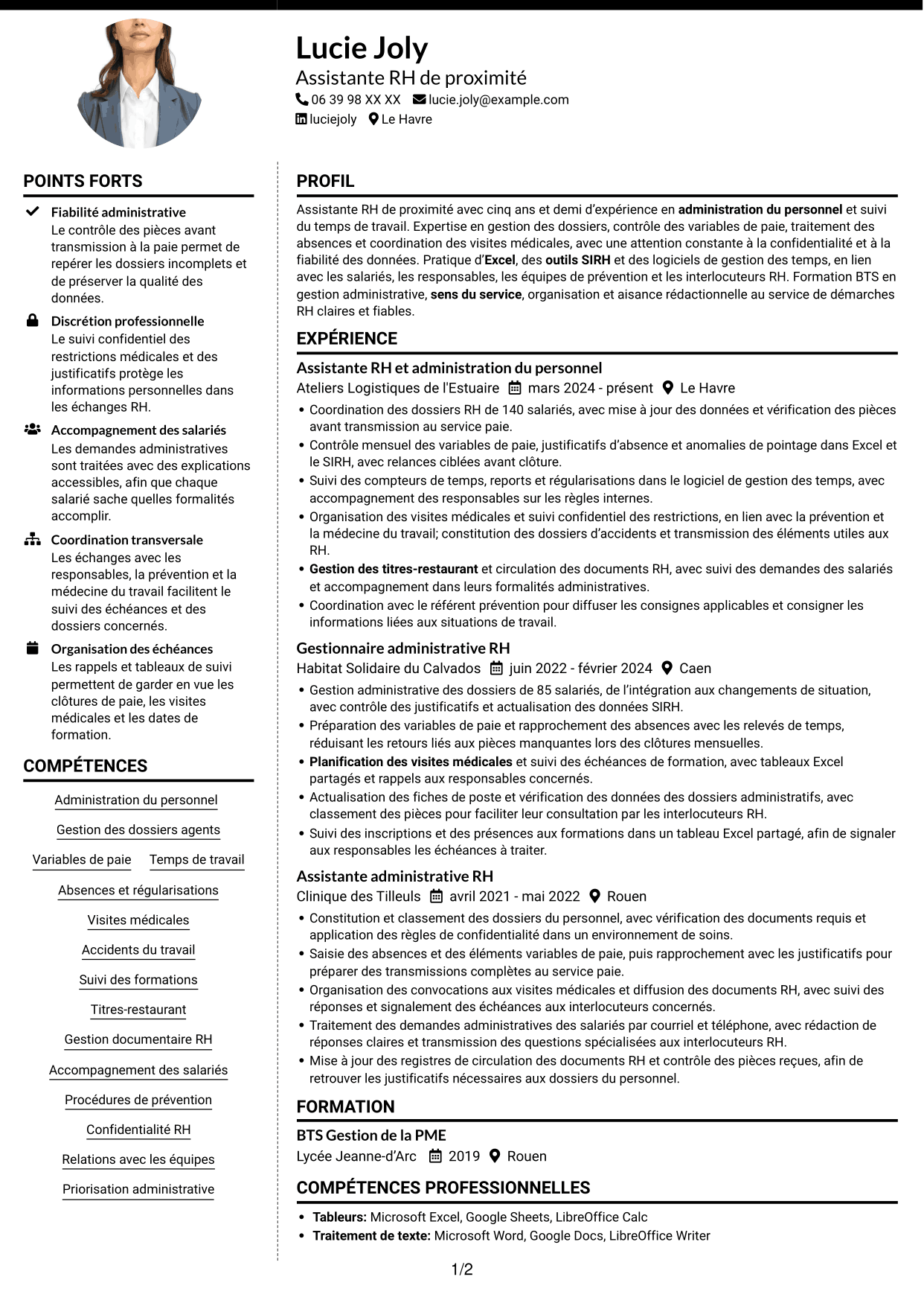 CV Moderne (format à deux colonnes avec photo à gauche et séparateur) : Assistant RH de proximité - Temps de travail, page 1