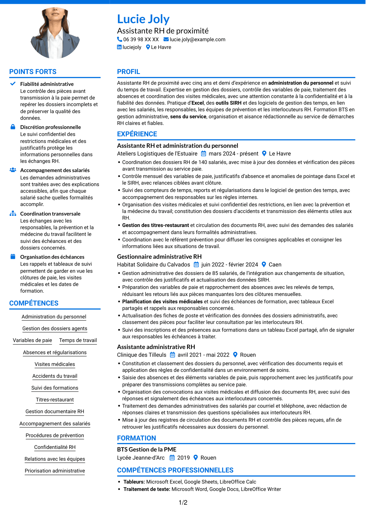 CV Audacieux (format à deux colonnes avec accents colorés et photo) : Assistant RH de proximité - Temps de travail, page 1
