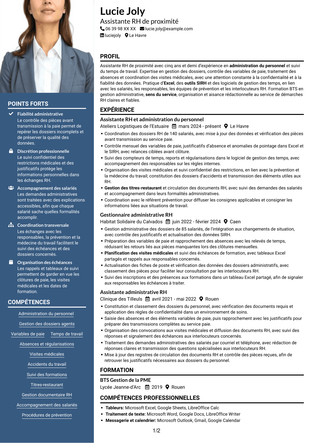 CV Signature (format à colonne latérale colorée avec grande photo) : Assistant RH de proximité - Temps de travail, page 1
