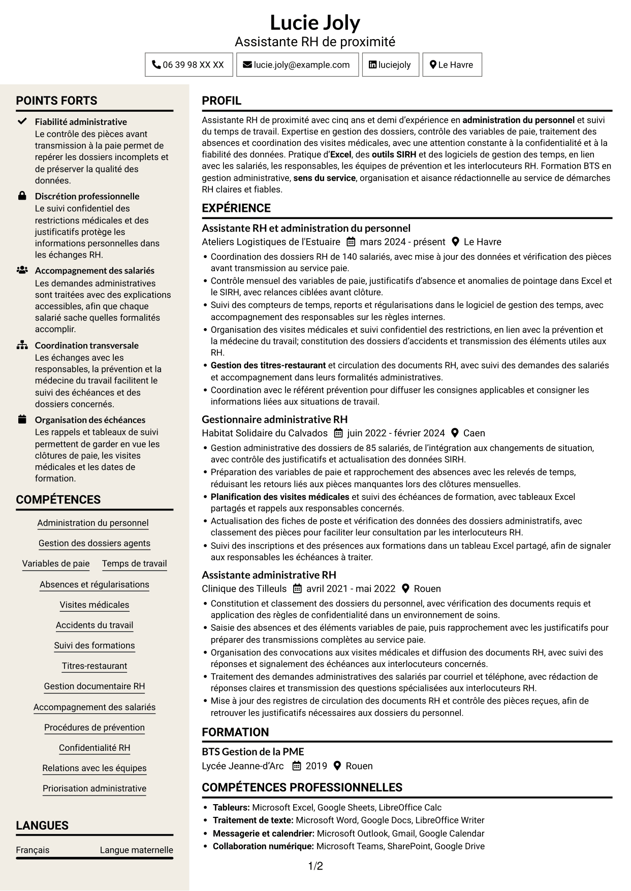 CV Fonceur (format à deux colonnes avec en-tête centré sans photo) : Assistant RH de proximité - Temps de travail, page 1