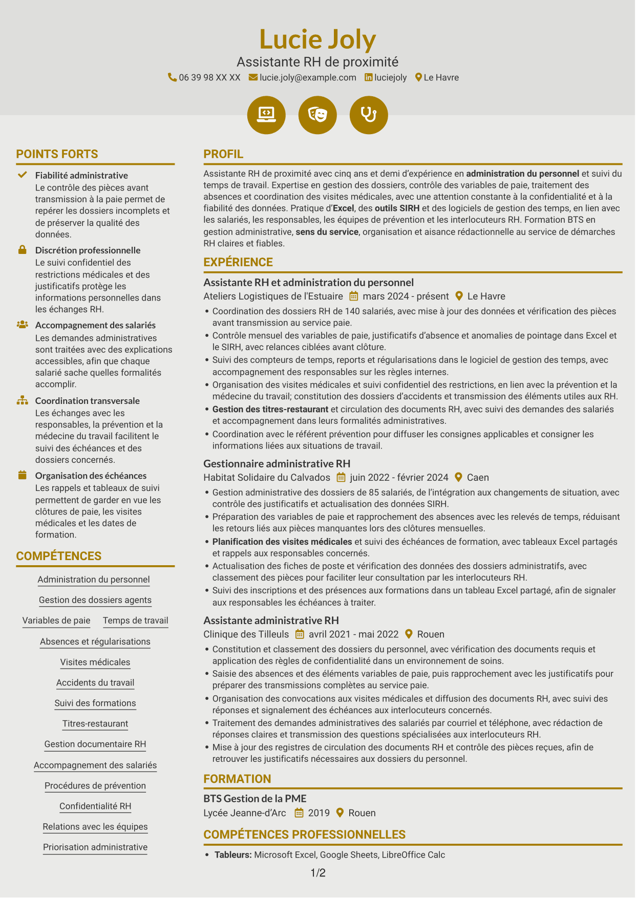 CV Dynamique (format à deux colonnes avec icônes) : Assistant RH de proximité - Temps de travail, page 1
