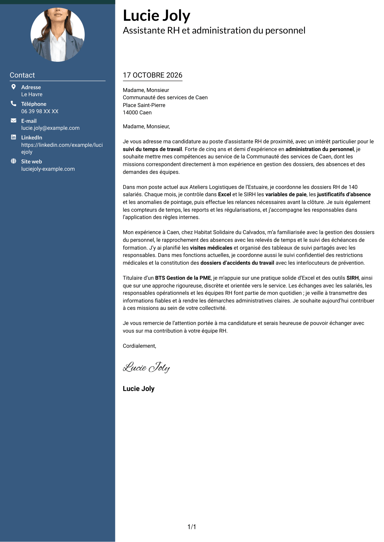 Lettre de motivation Élégant (format à colonne latérale colorée avec photo) : Assistant RH de proximité - Temps de travail, page 1
