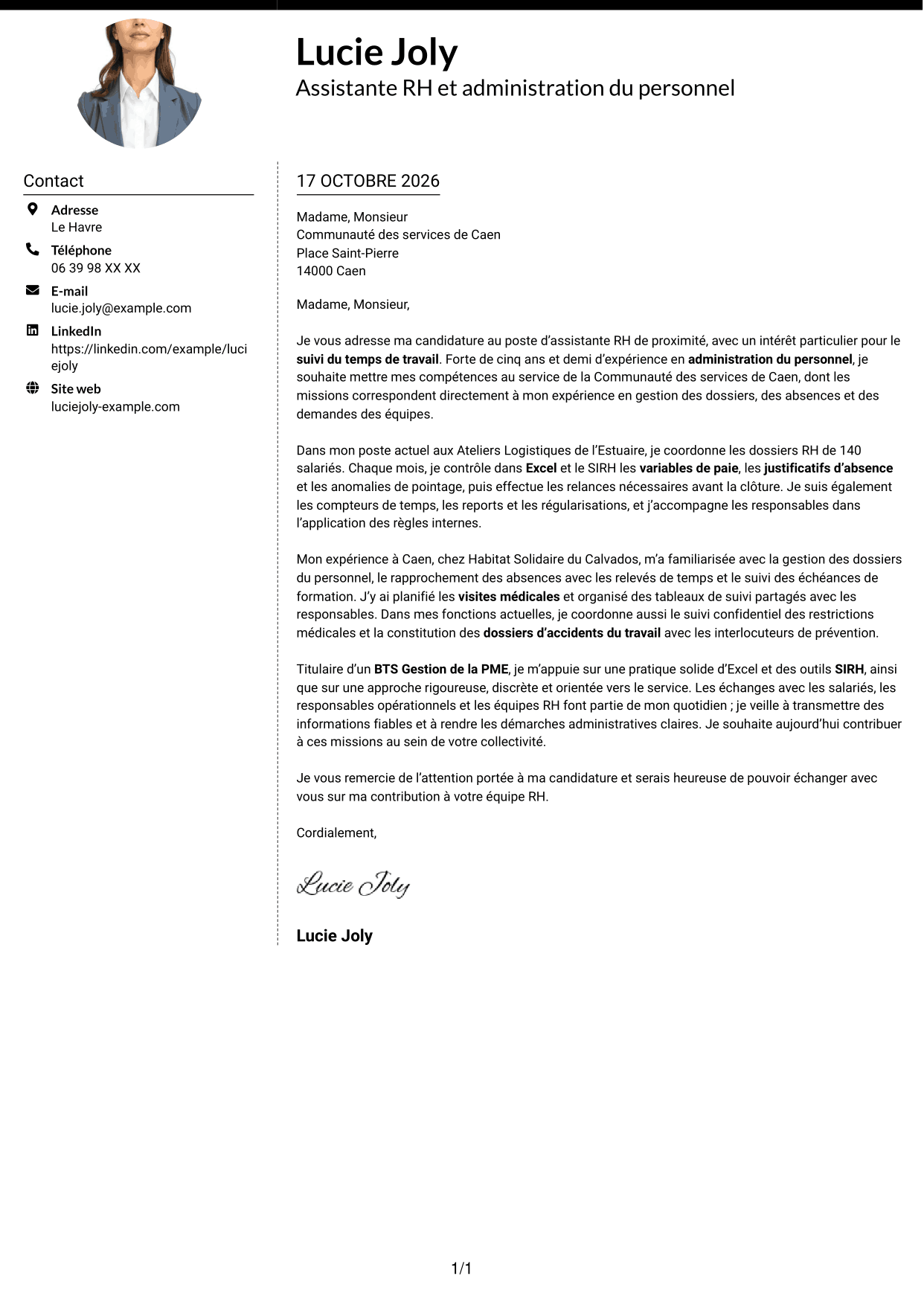 Lettre de motivation Moderne (format à deux colonnes avec photo à gauche et séparateur) : Assistant RH de proximité - Temps de travail, page 1