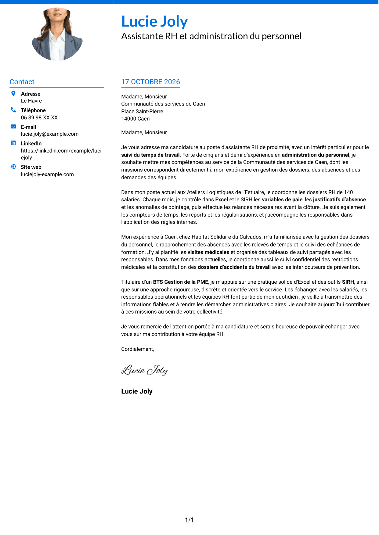Lettre de motivation Audacieux (format à deux colonnes avec accents colorés et photo) : Assistant RH de proximité - Temps de travail, page 1