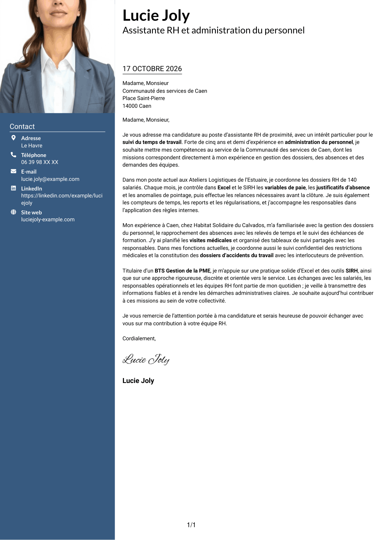 Lettre de motivation Signature (format à colonne latérale colorée avec grande photo) : Assistant RH de proximité - Temps de travail, page 1