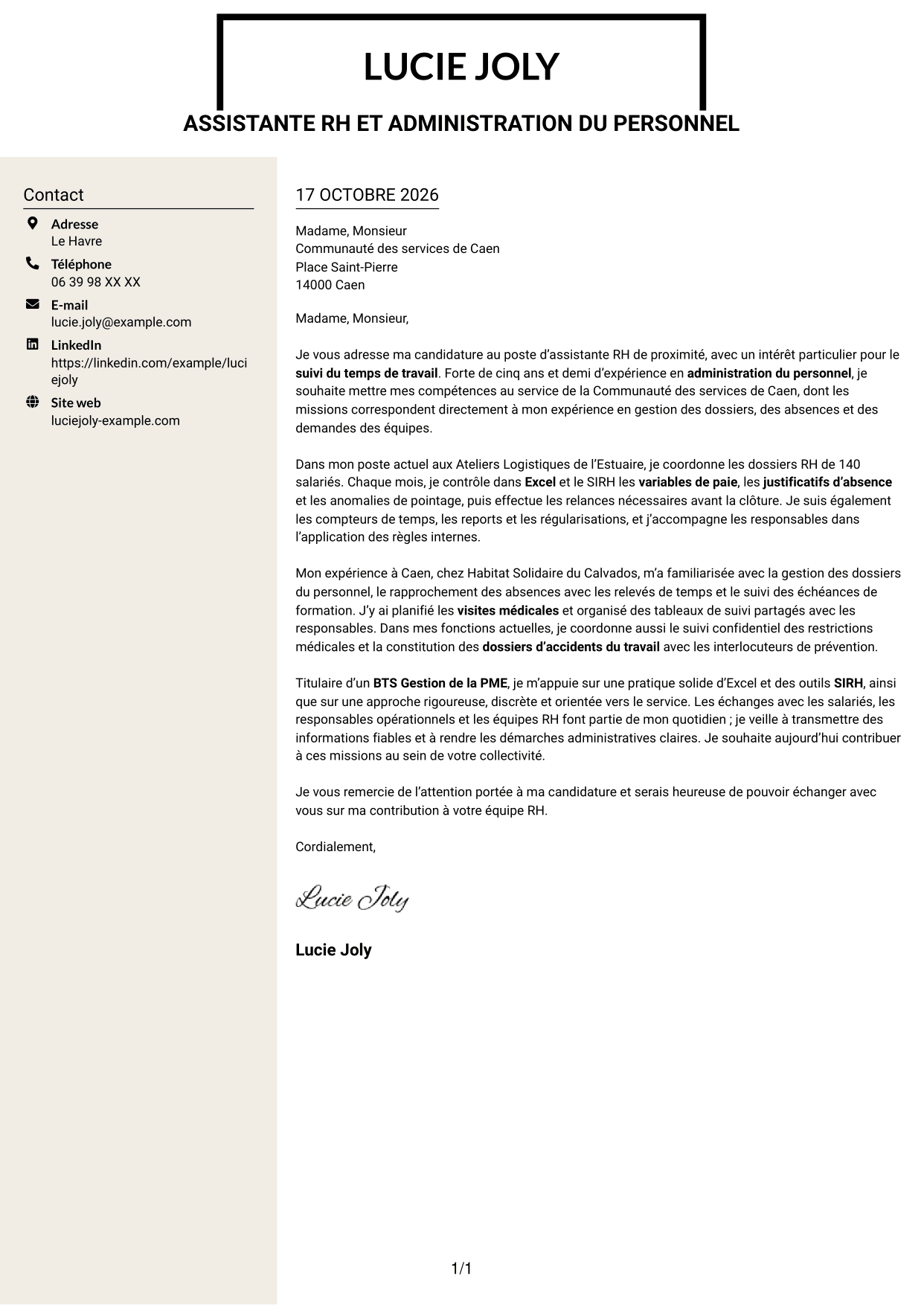Lettre de motivation Fonceur (format à deux colonnes avec en-tête centré sans photo) : Assistant RH de proximité - Temps de travail, page 1