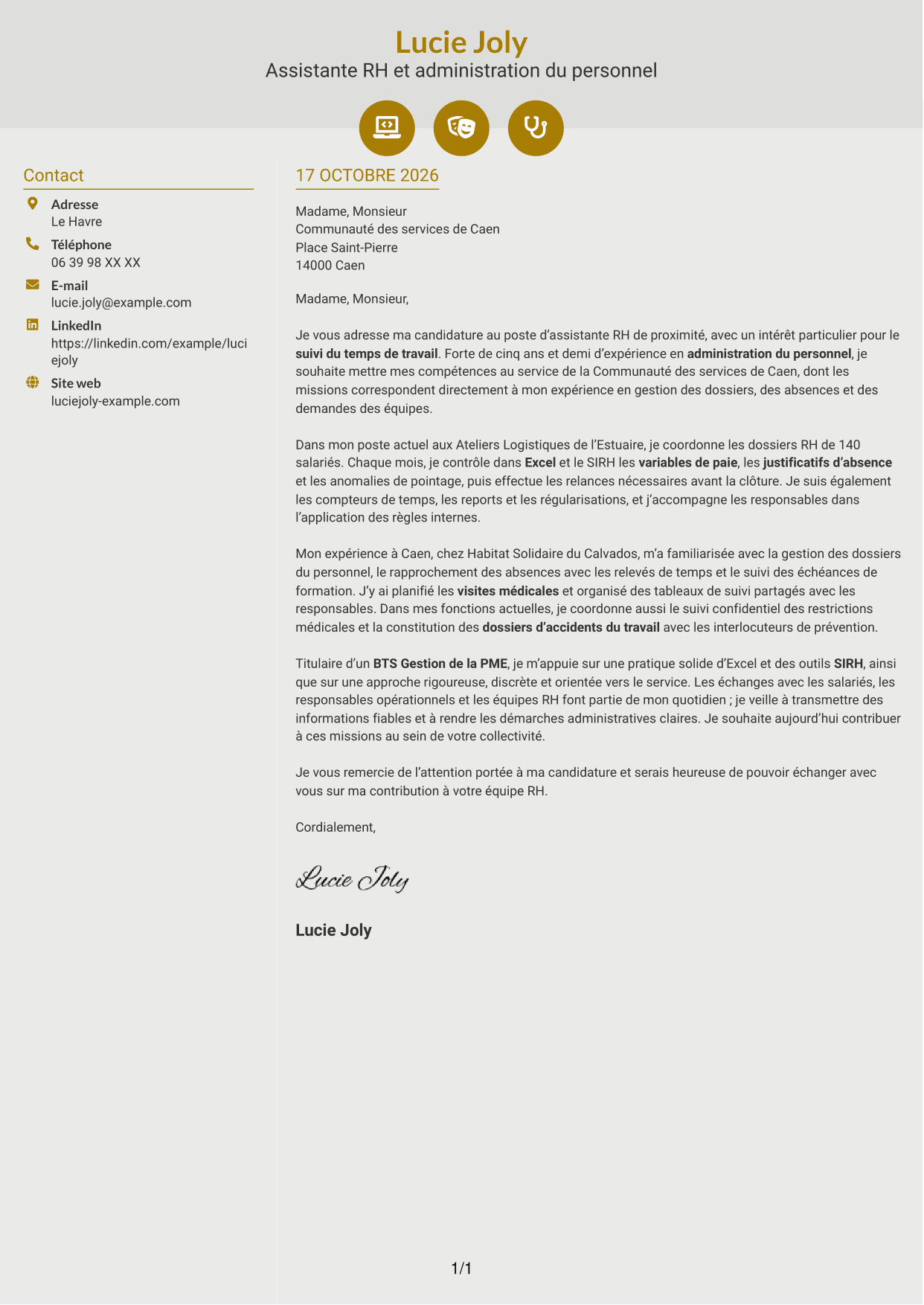 Lettre de motivation Dynamique (format à deux colonnes avec icônes) : Assistant RH de proximité - Temps de travail, page 1