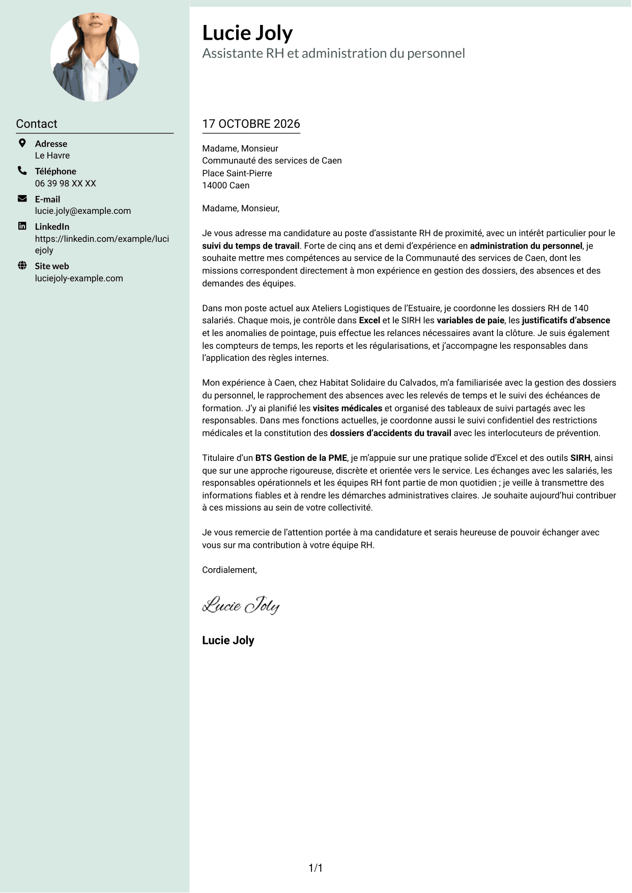 Lettre de motivation Cadre (format à colonne latérale douce avec photo arrondie) : Assistant RH de proximité - Temps de travail, page 1