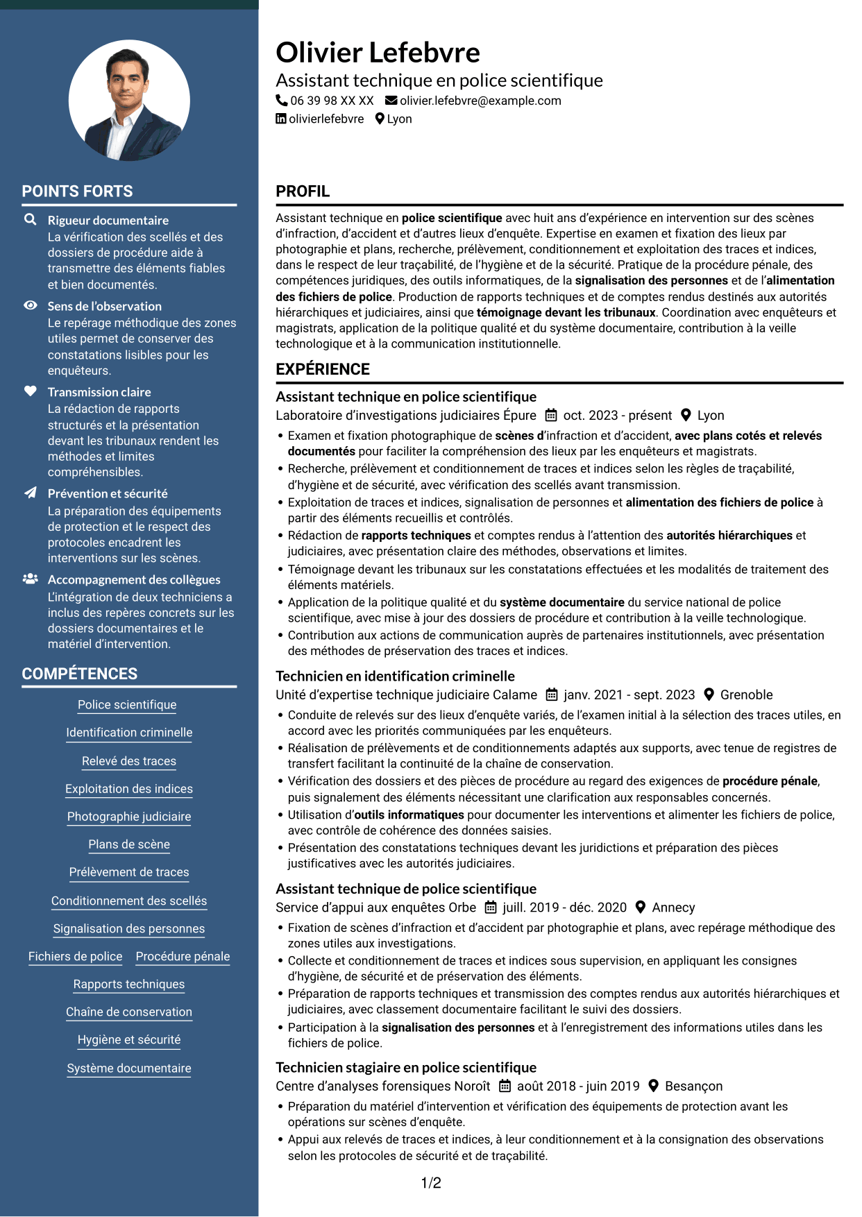 CV Élégant (format à colonne latérale colorée avec photo) : Assistant technique - Police scientifique, page 1
