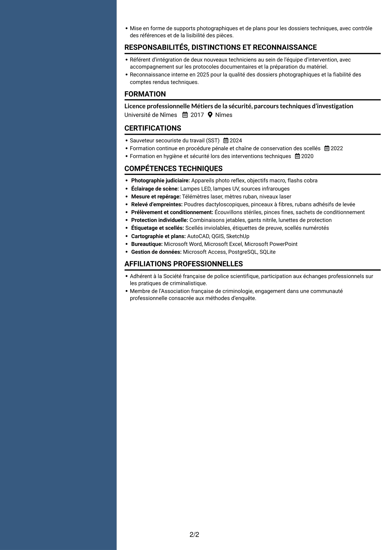 CV Élégant (format à colonne latérale colorée avec photo) : Assistant technique - Police scientifique, page 2