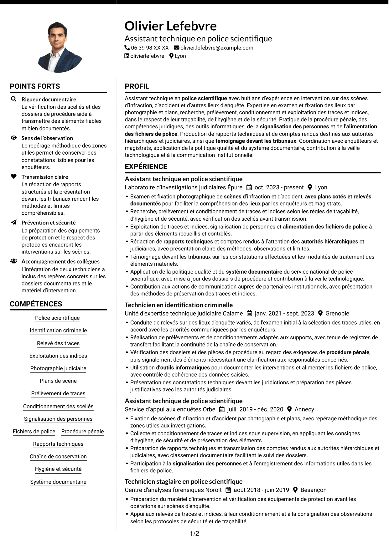 CV Moderne (format à deux colonnes avec photo à gauche et séparateur) : Assistant technique - Police scientifique, page 1