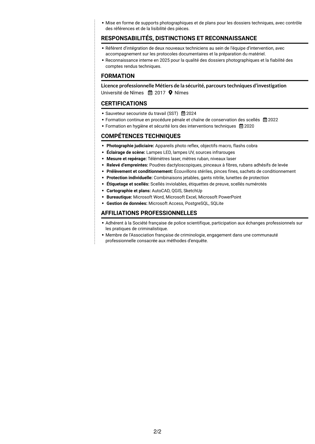 CV Moderne (format à deux colonnes avec photo à gauche et séparateur) : Assistant technique - Police scientifique, page 2