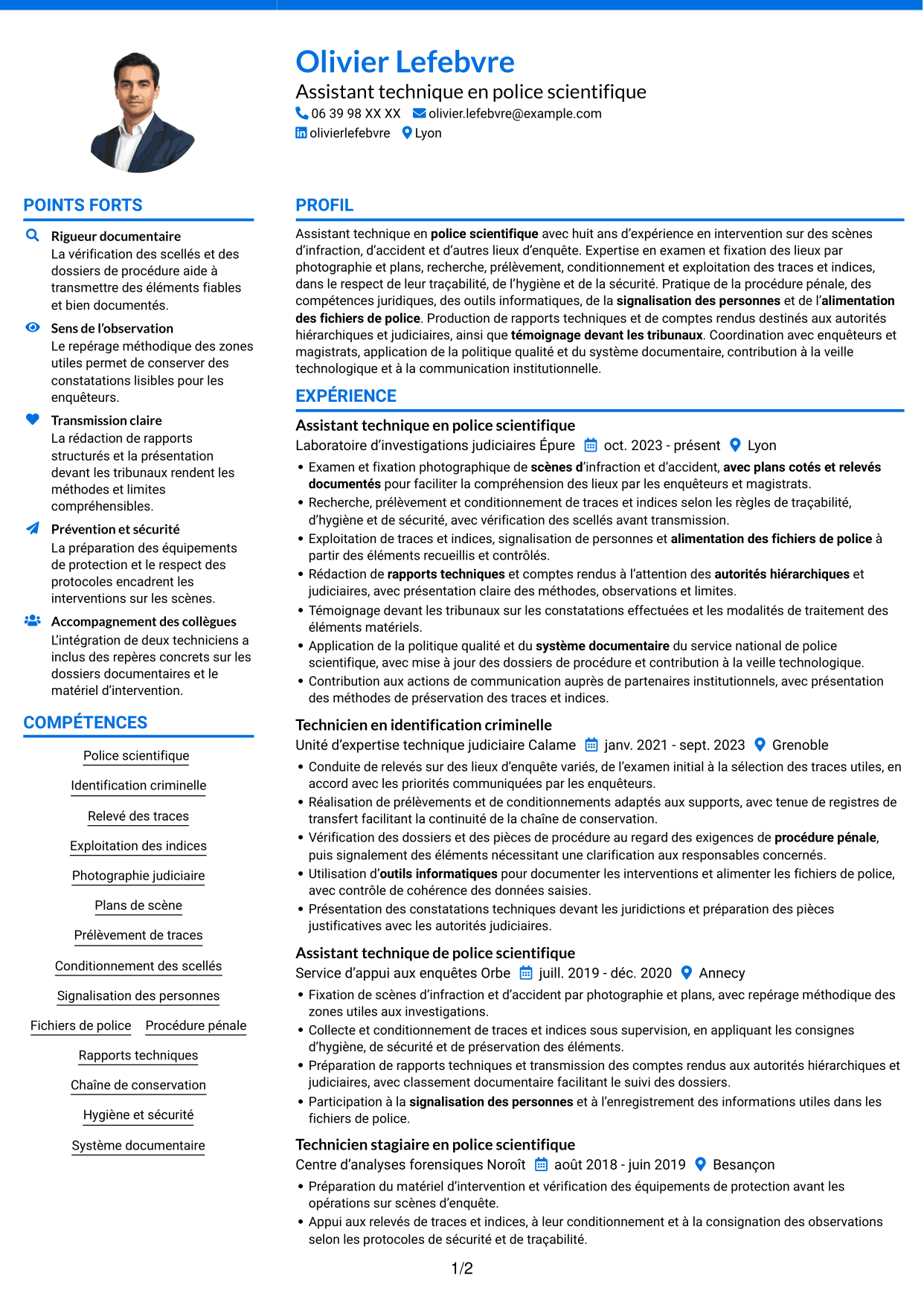 CV Audacieux (format à deux colonnes avec accents colorés et photo) : Assistant technique - Police scientifique, page 1