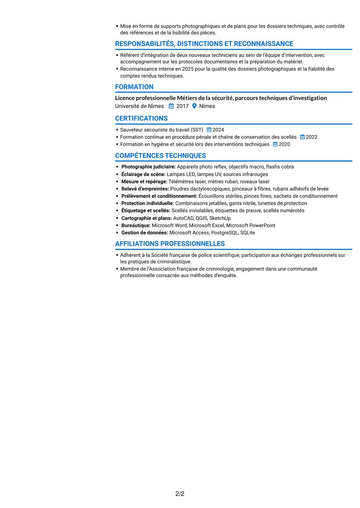 CV Audacieux (format à deux colonnes avec accents colorés et photo) : Assistant technique - Police scientifique, page 2