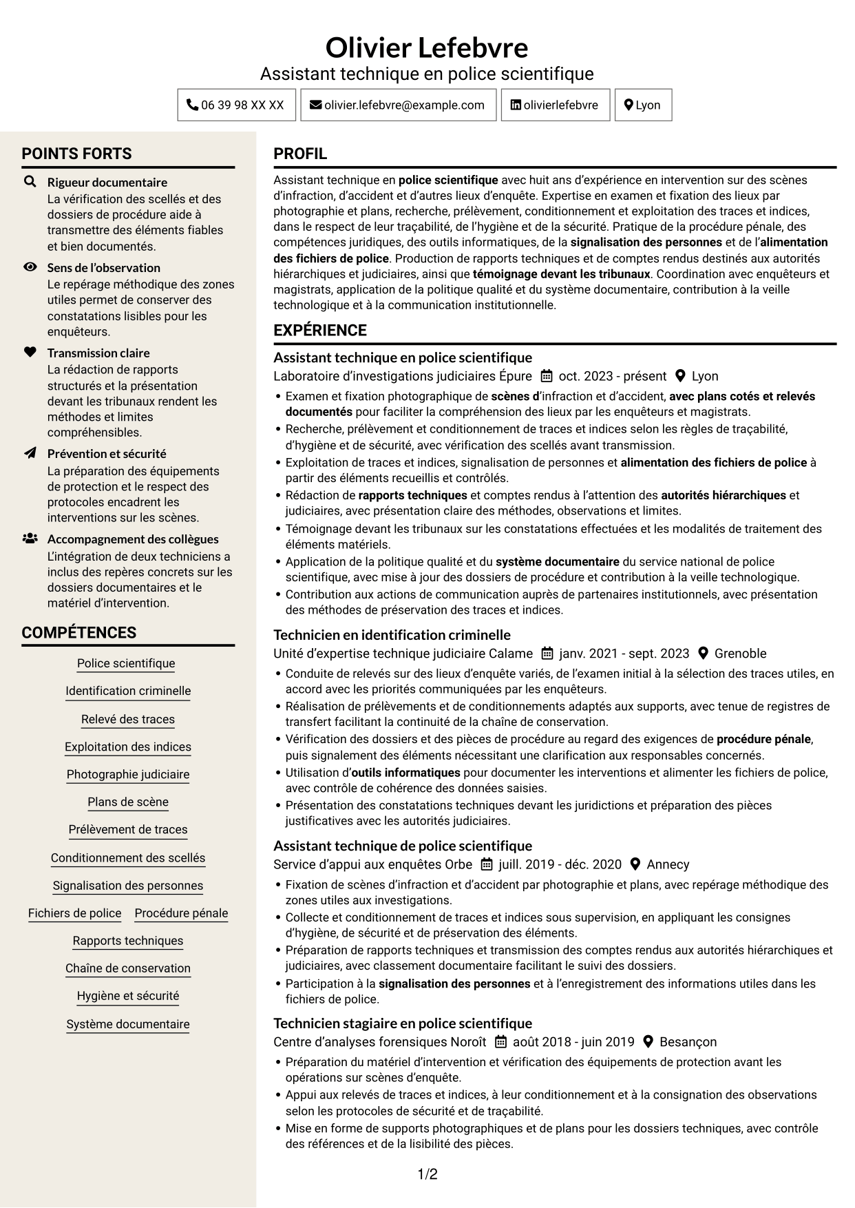 CV Fonceur (format à deux colonnes avec en-tête centré sans photo) : Assistant technique - Police scientifique, page 1