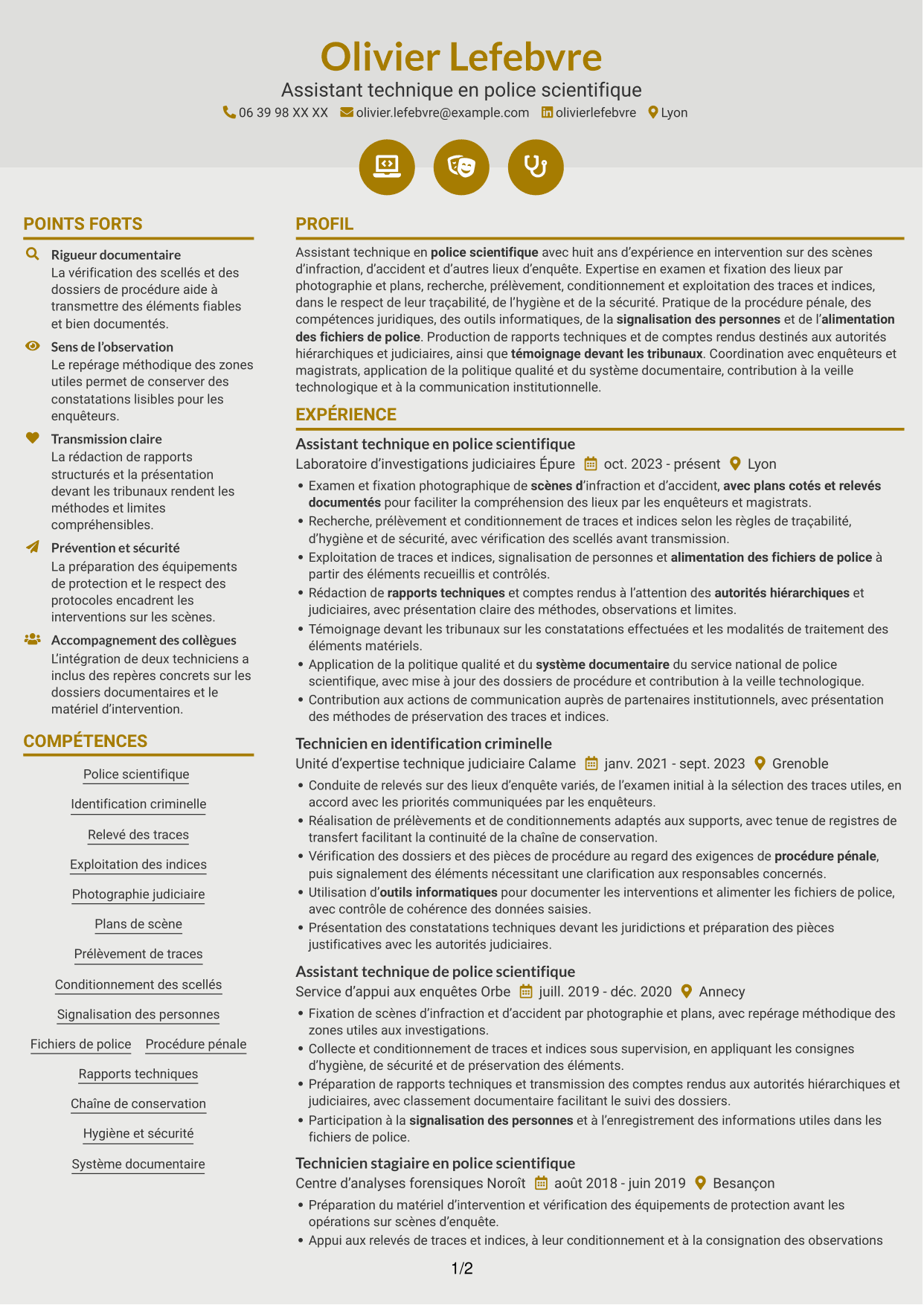 CV Dynamique (format à deux colonnes avec icônes) : Assistant technique - Police scientifique, page 1