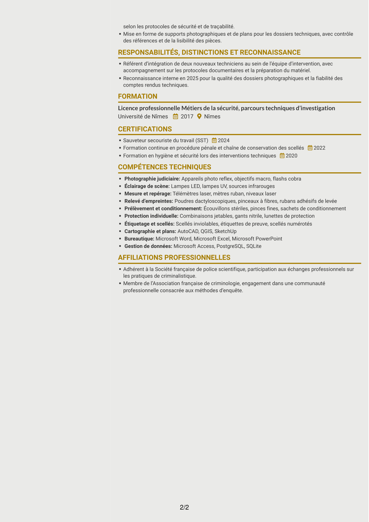 CV Dynamique (format à deux colonnes avec icônes) : Assistant technique - Police scientifique, page 2
