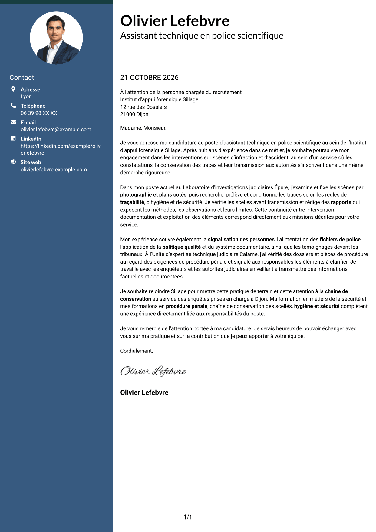 Lettre de motivation Élégant (format à colonne latérale colorée avec photo) : Assistant technique - Police scientifique, page 1