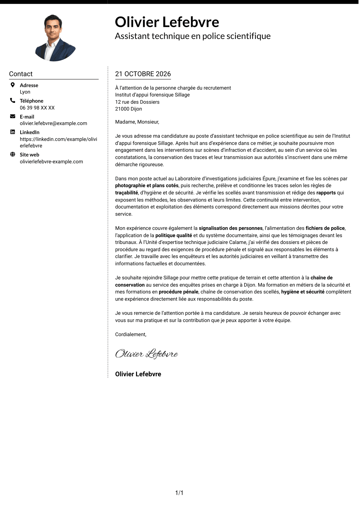 Lettre de motivation Moderne (format à deux colonnes avec photo à gauche et séparateur) : Assistant technique - Police scientifique, page 1