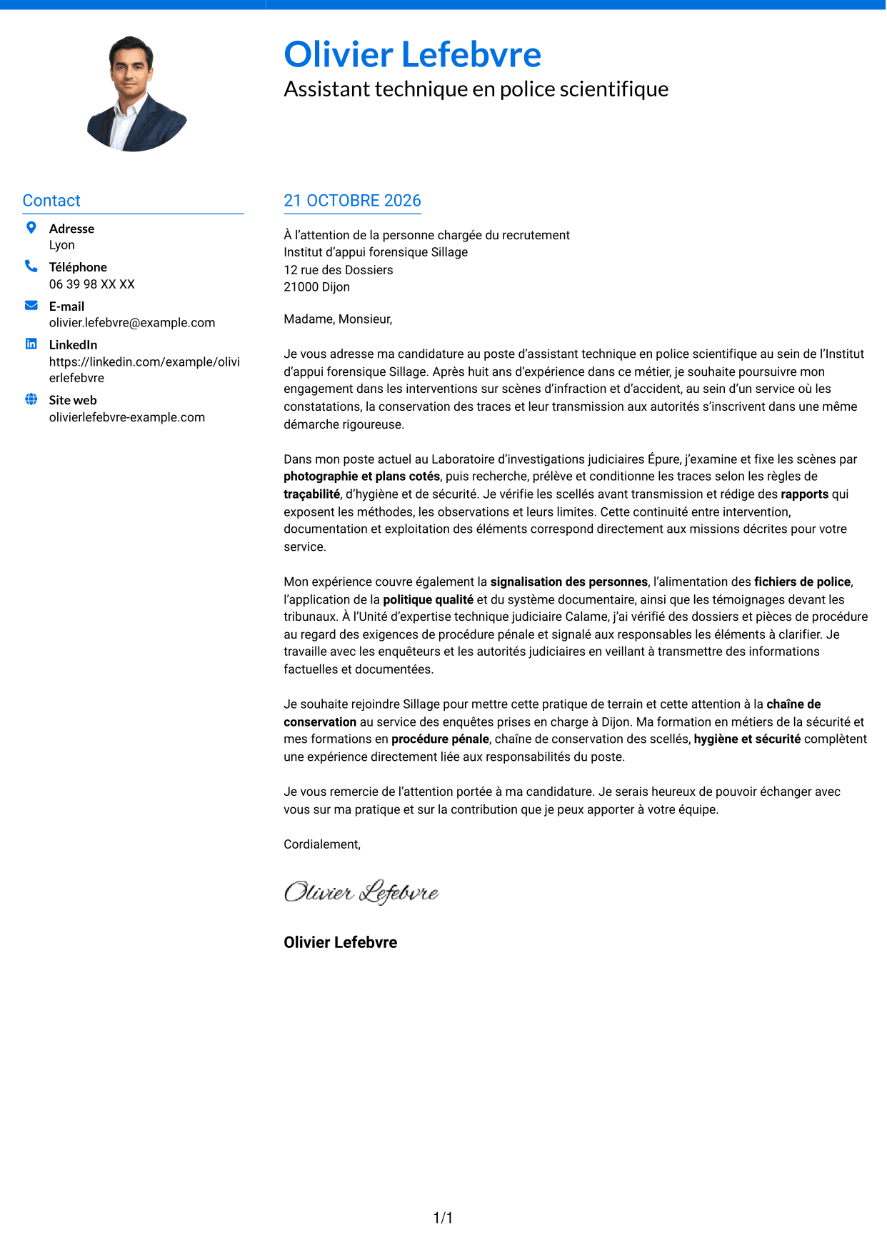 Lettre de motivation Audacieux (format à deux colonnes avec accents colorés et photo) : Assistant technique - Police scientifique, page 1
