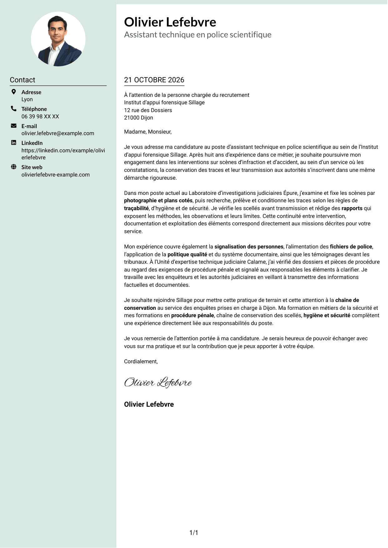 Lettre de motivation Cadre (format à colonne latérale douce avec photo arrondie) : Assistant technique - Police scientifique, page 1