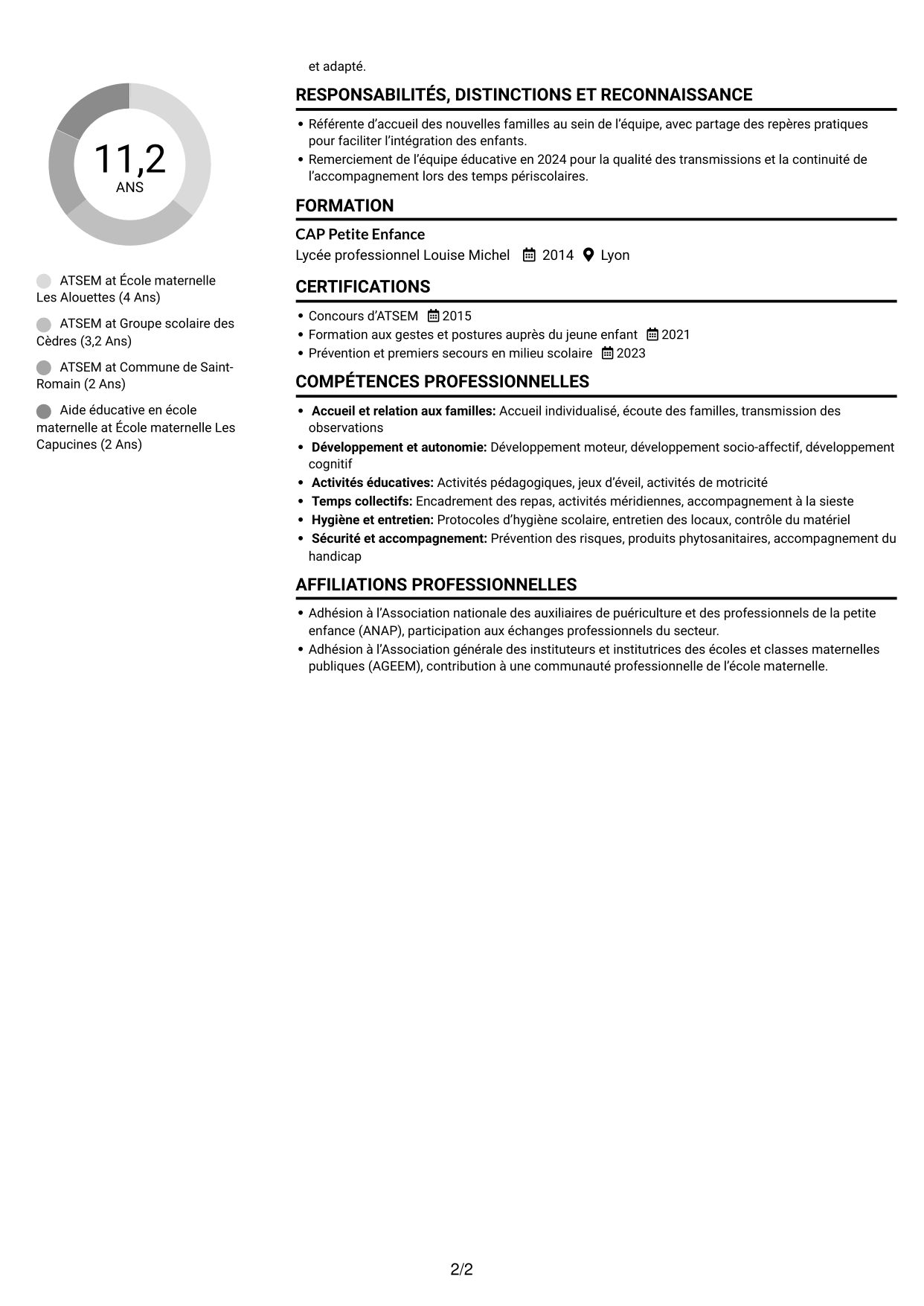 CV Compact (format sobre à deux colonnes avec photo) : ATSEM - Accompagnement éducatif en maternelle, page 2